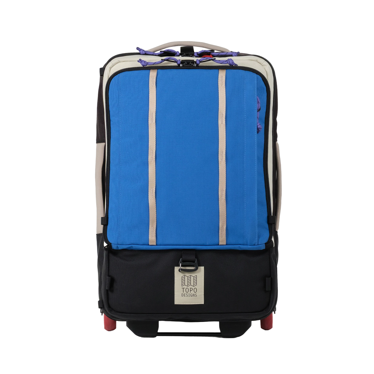Front view of Topo Designs Global Travel Bag Roller in "Classic Blue / Bone White"