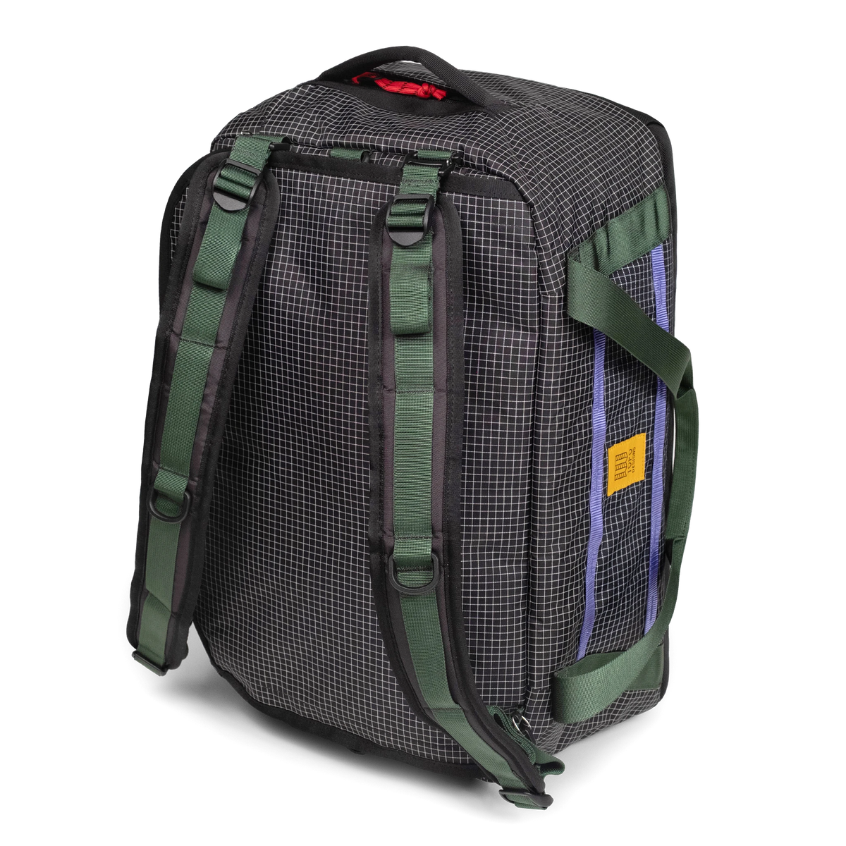 Backpack carry view of Topo Designs Mountain Duffel 40L in "Grid / Very Peri"