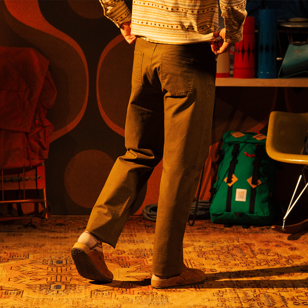 General front view of Topo Designs Dirt 5-Pocket Pants - Men's in "Desert Palm" [Model is 5'11", wearing size 32]
