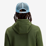 General shot Topo Designs Trucker Hat with mesh back and original logo patch in "Sage"