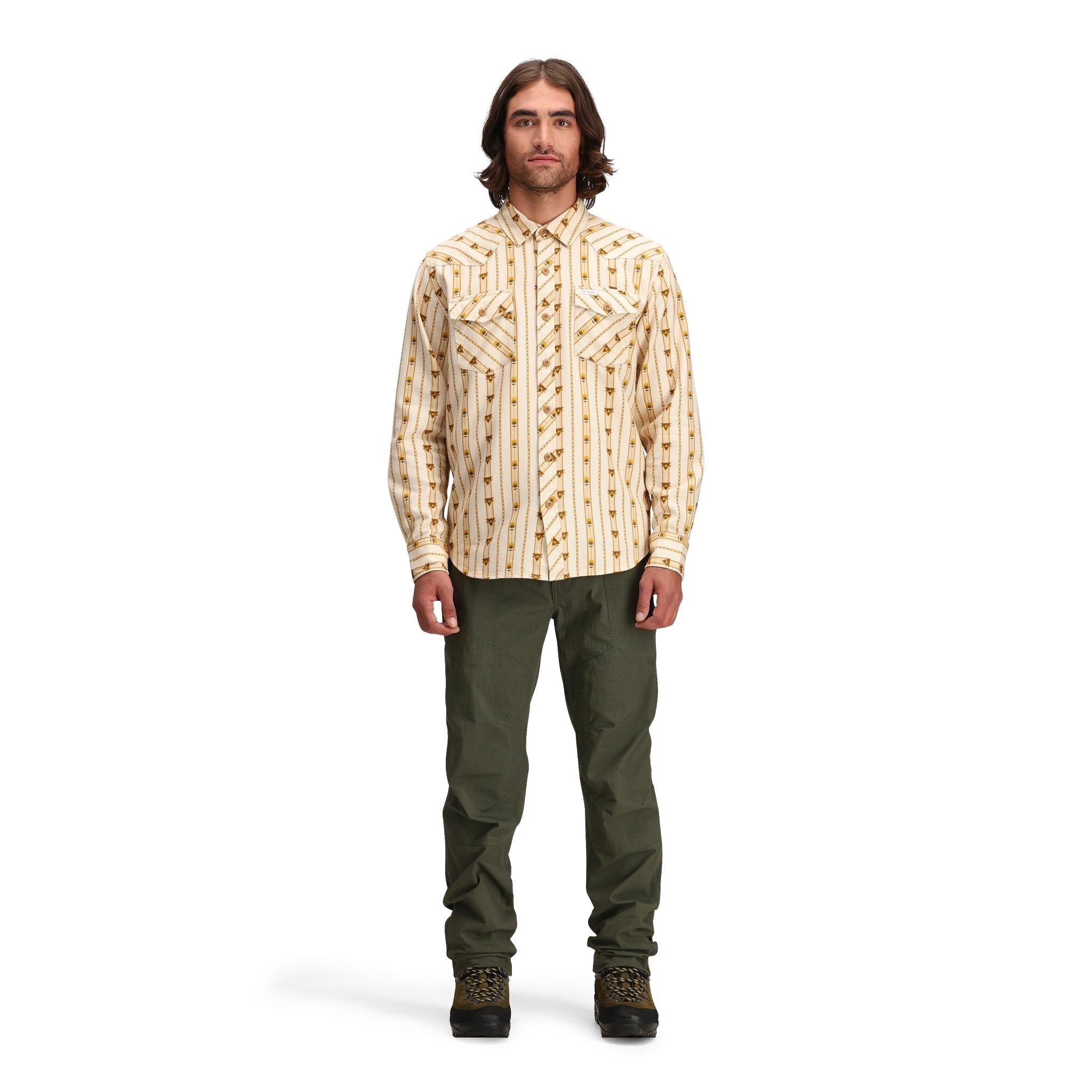 fRont model shot of Topo Designs Mountain Shirt Long Sleeve - Men's in "Mountain Angle Bone White"