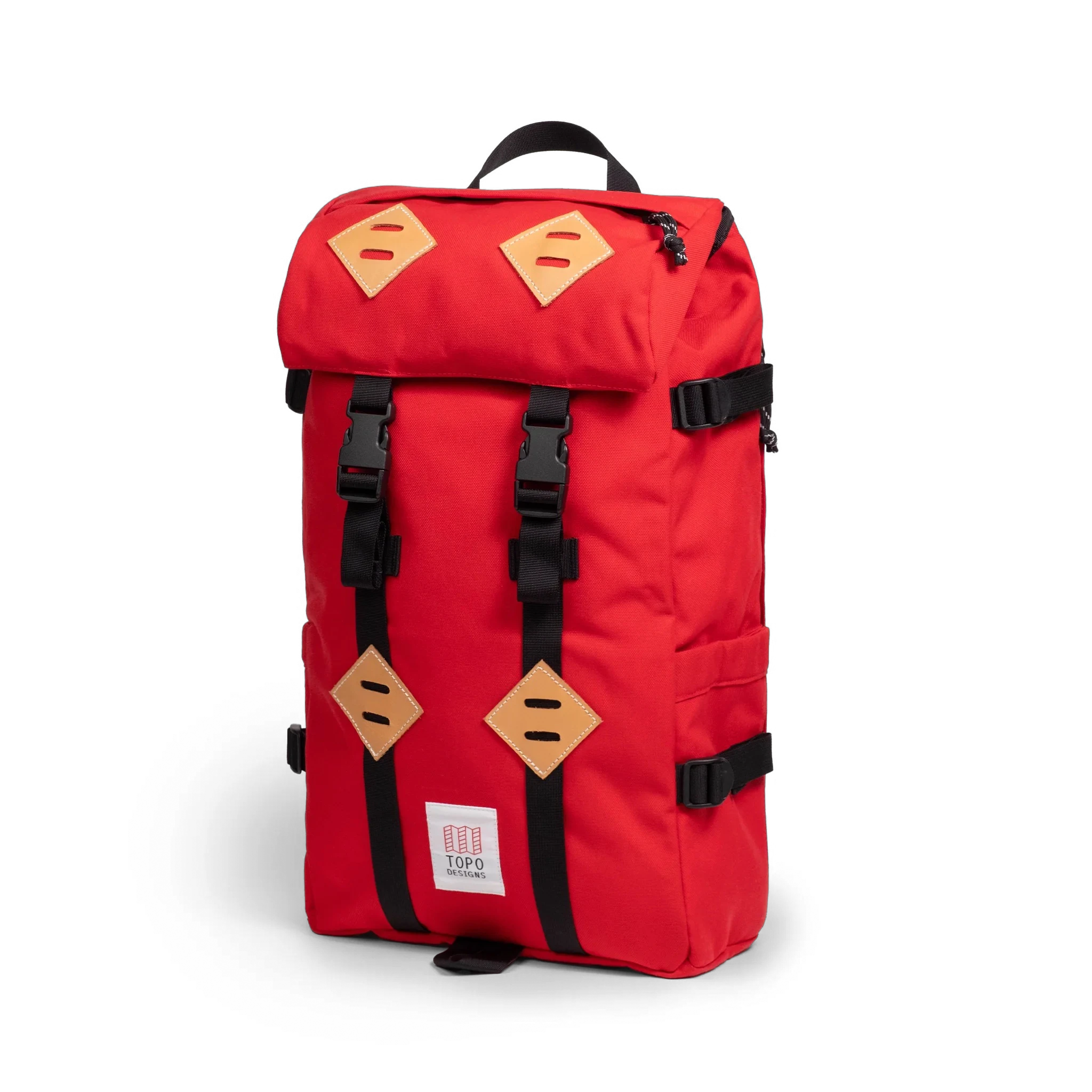 Quarter view of Topo Designs Klettersack Classic vintage-inspired rucksack backpack in "Salsa".