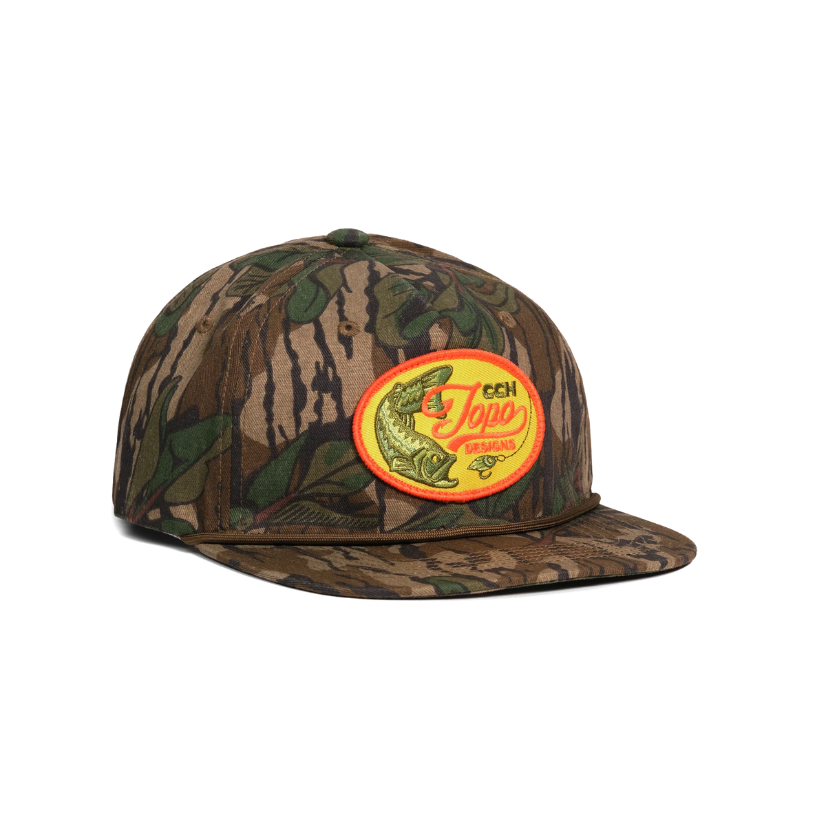 Front quarter shot of Topo Designs x CCH x Pine Printshop Rope Cap in "Mossy Oak Greenleaf"