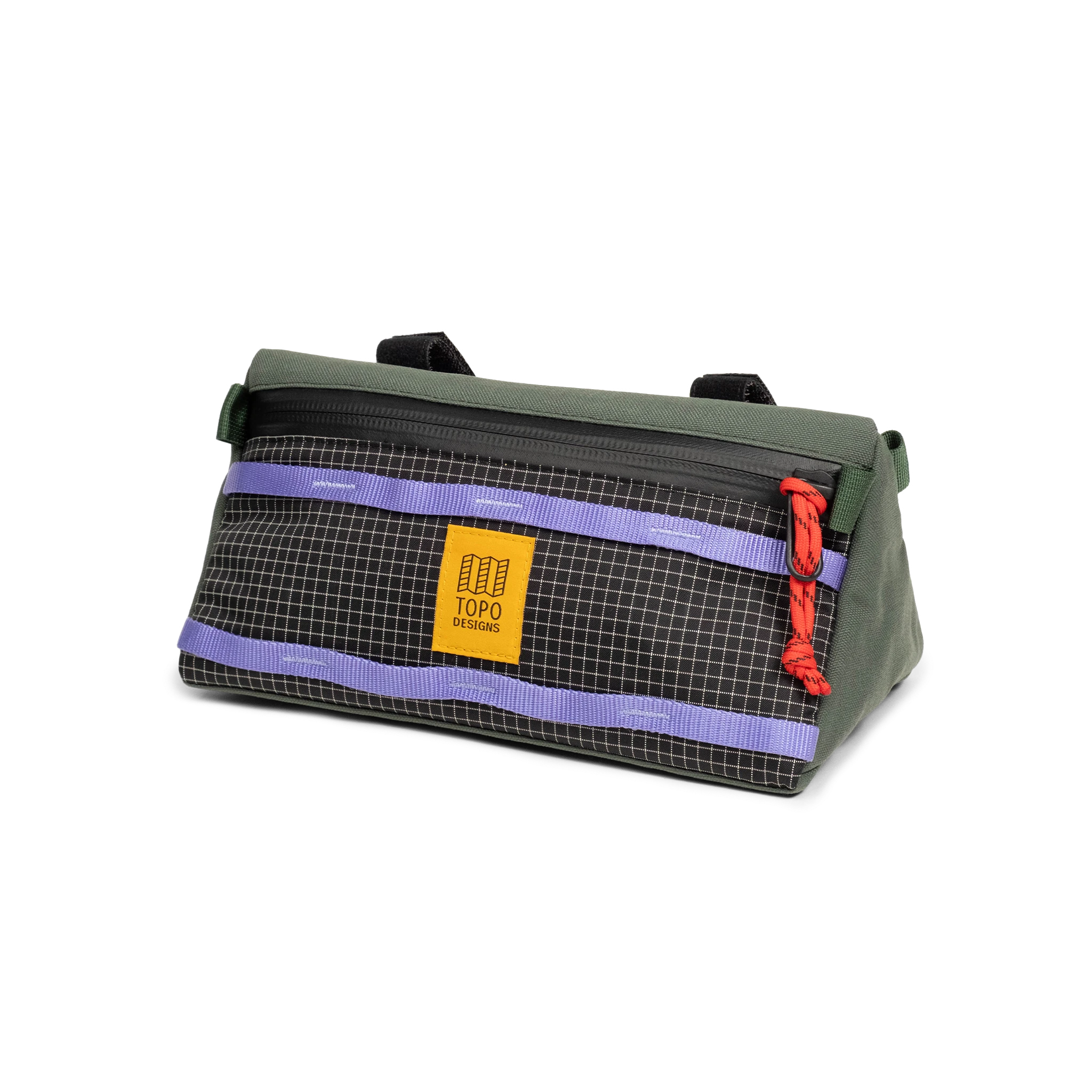 Front quarter view of Topo Designs Bike Bag in "Very Peri / Forest"