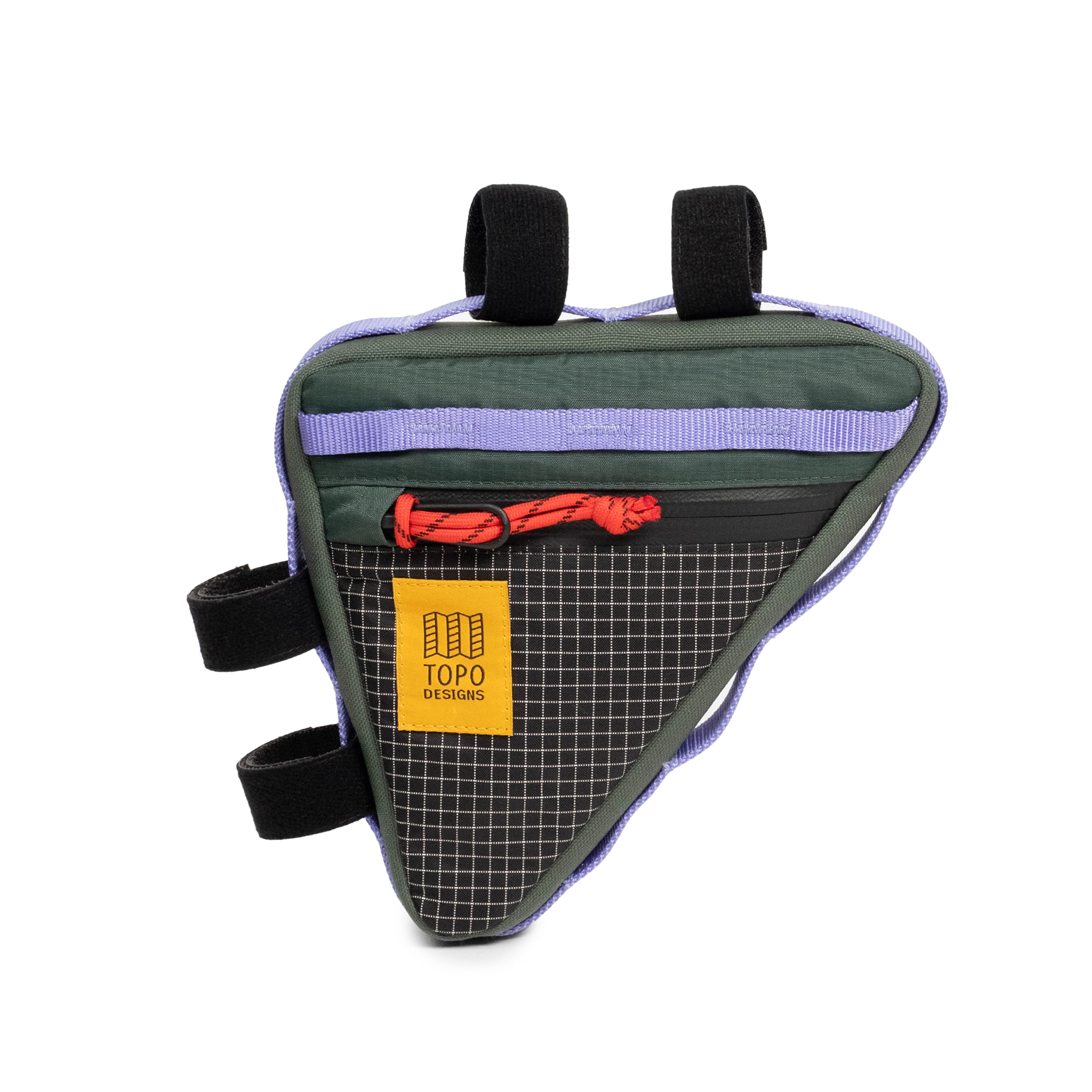 Front view of Topo Designs Bike Frame Bag in "Very Peri / Forest"