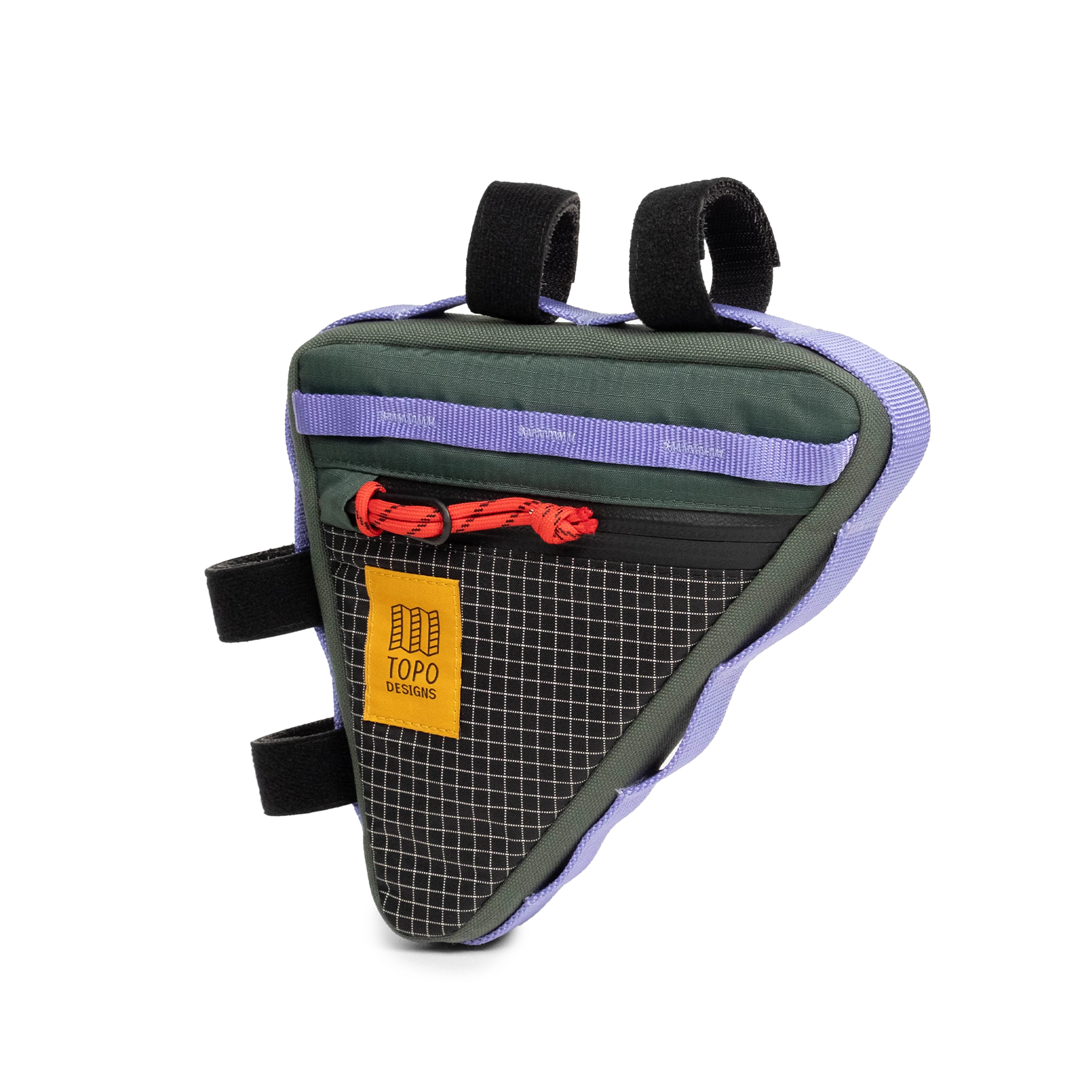 Front view of Topo Designs Bike Frame Bag in "Very Peri / Forest"