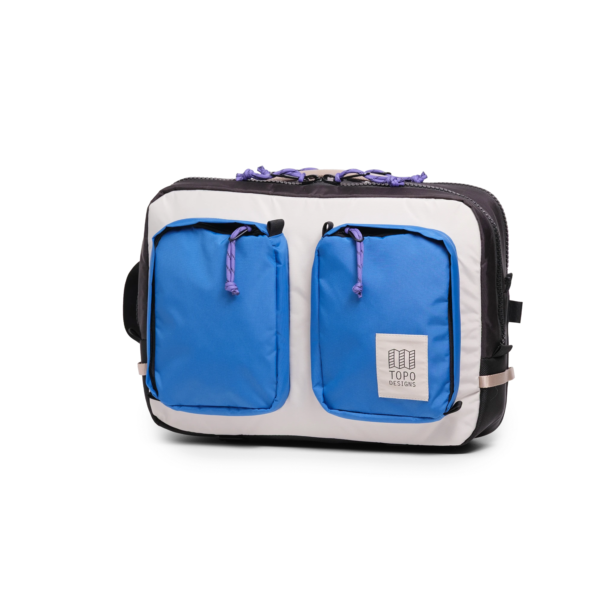 Front Quarter View of Topo Designs Global Briefcase in "Classic Blue / Bone White"