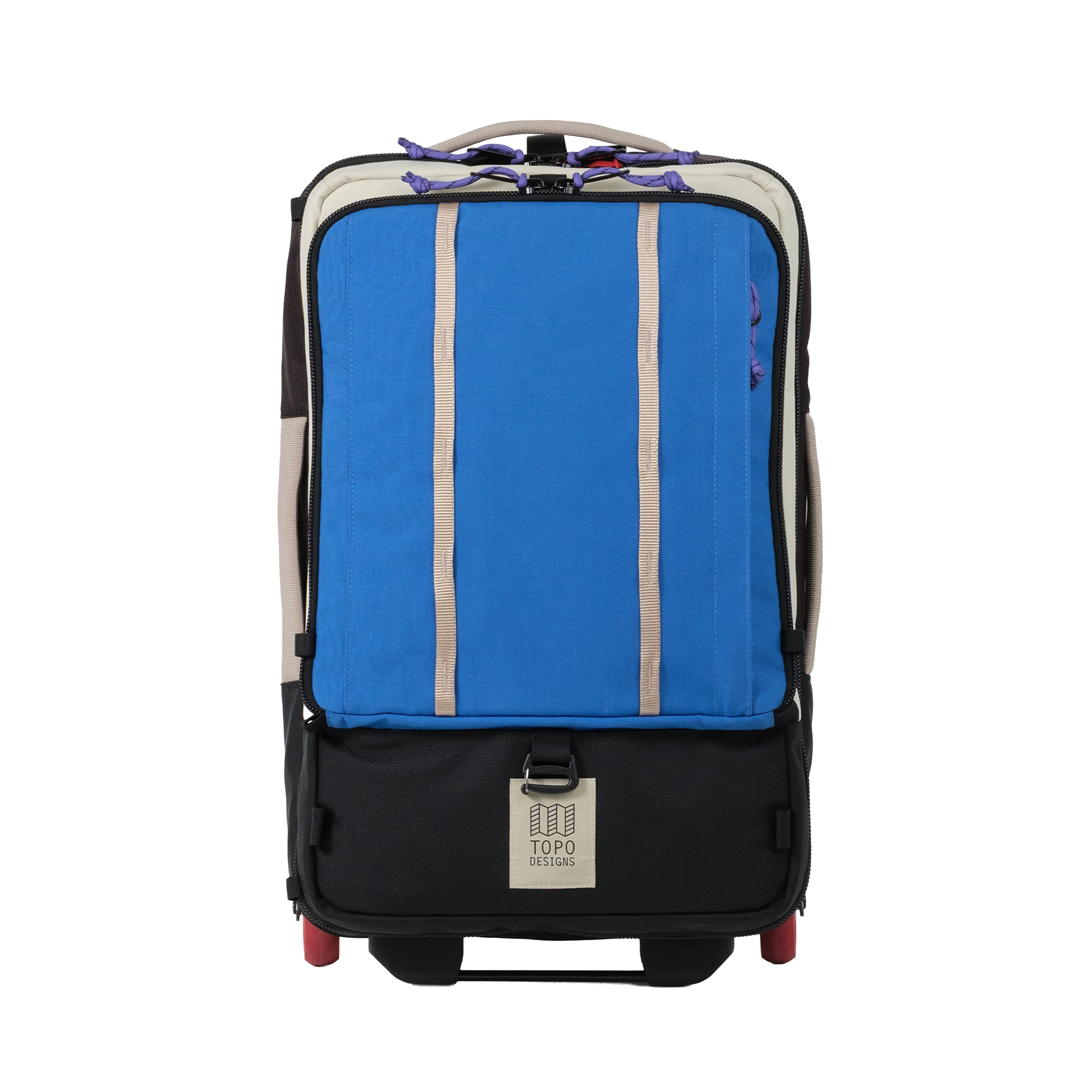 Front view of Topo Designs Global Travel Bag Roller in "Classic Blue / Bone White"