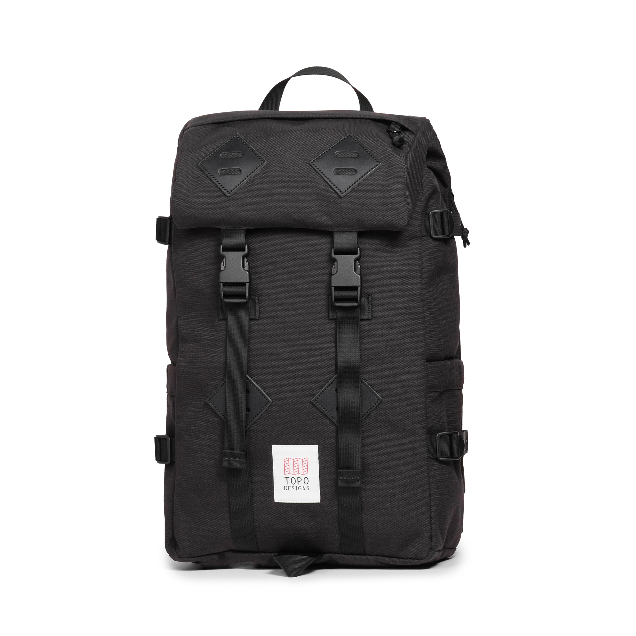 Quarter view of Topo Designs Klettersack Classic vintage-inspired rucksack backpack in "Black".