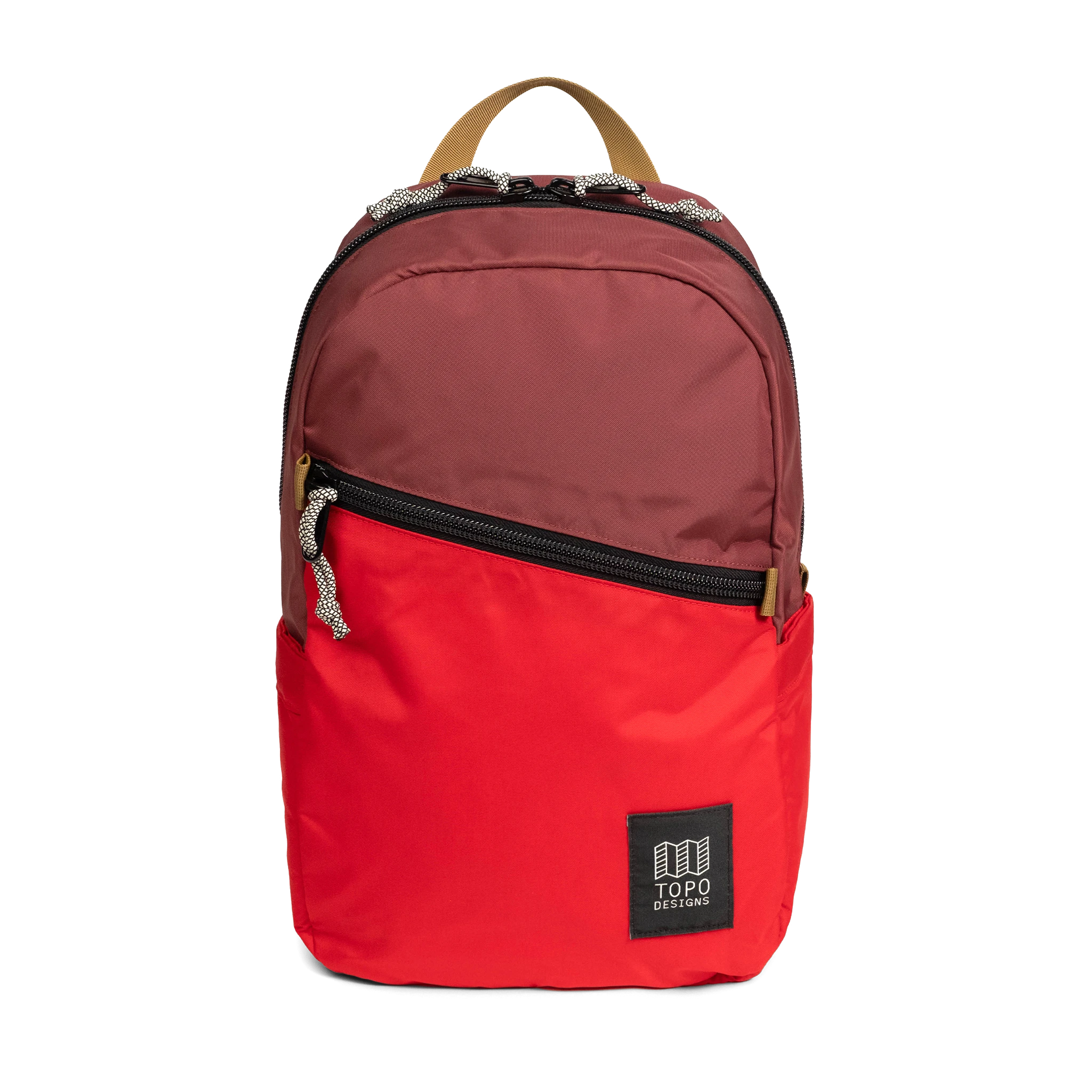 Front view of Topo Designs Light Pack in "Maroon / Salsa"