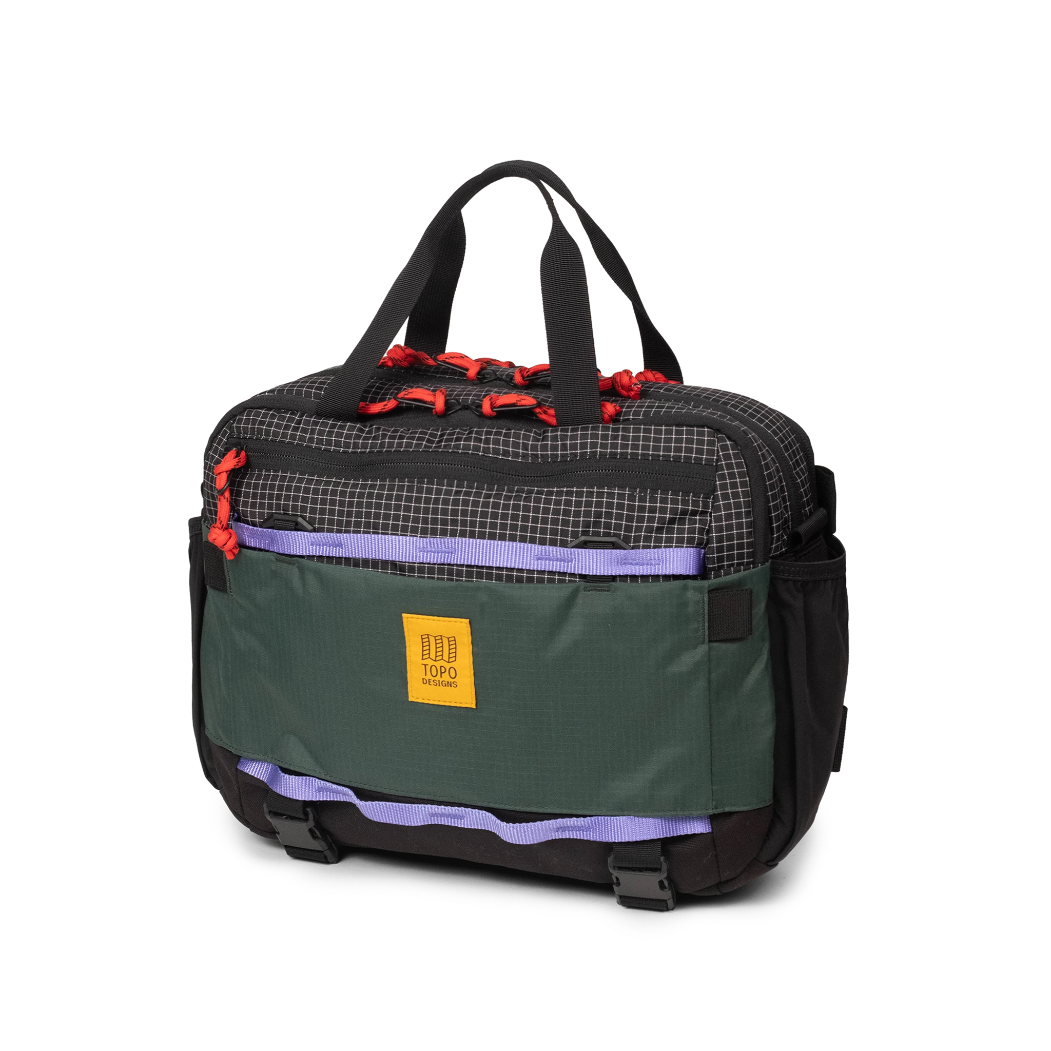 Quarter View of Topo Designs Mountain Cross Bag in "Grid / Very Peri"