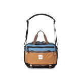 Front View of Topo Designs Mountain Cross Bag in "River Blue / Brown Oak"