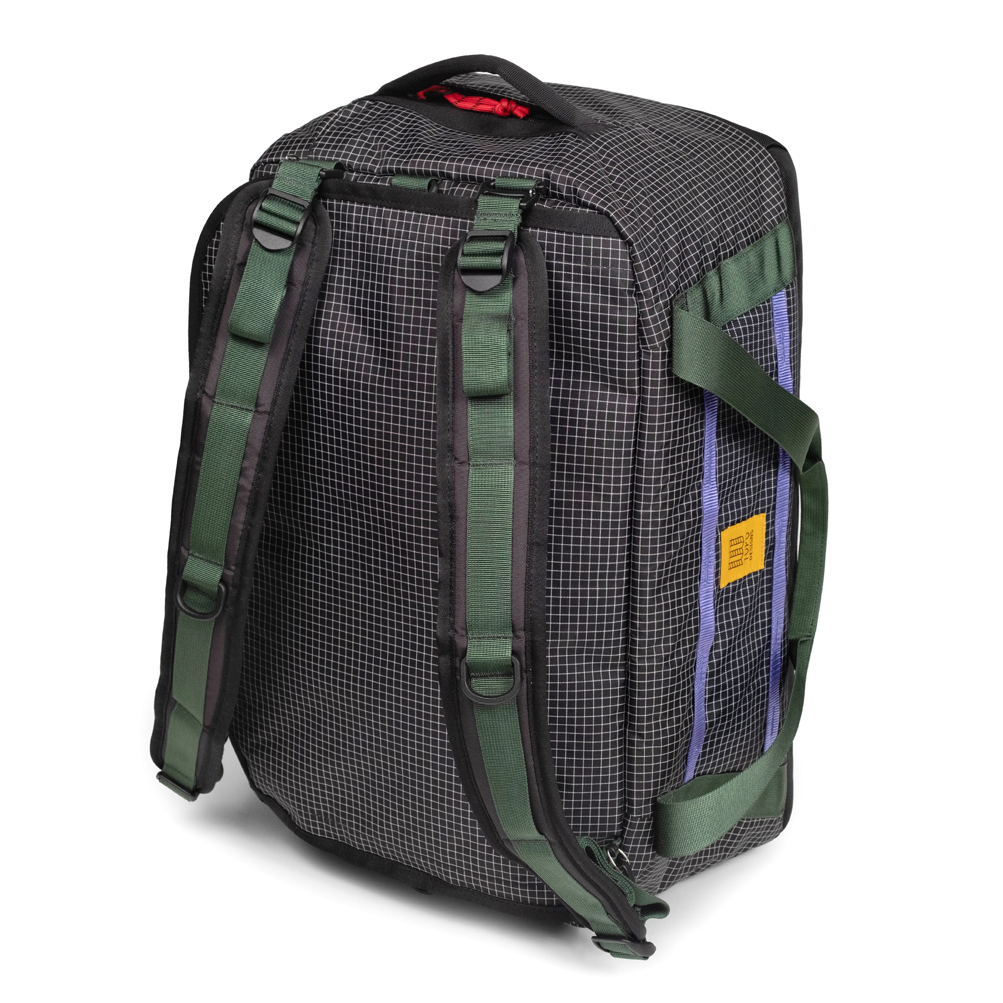 Backpack carry view of Topo Designs Mountain Duffel 40L in "Grid / Very Peri"