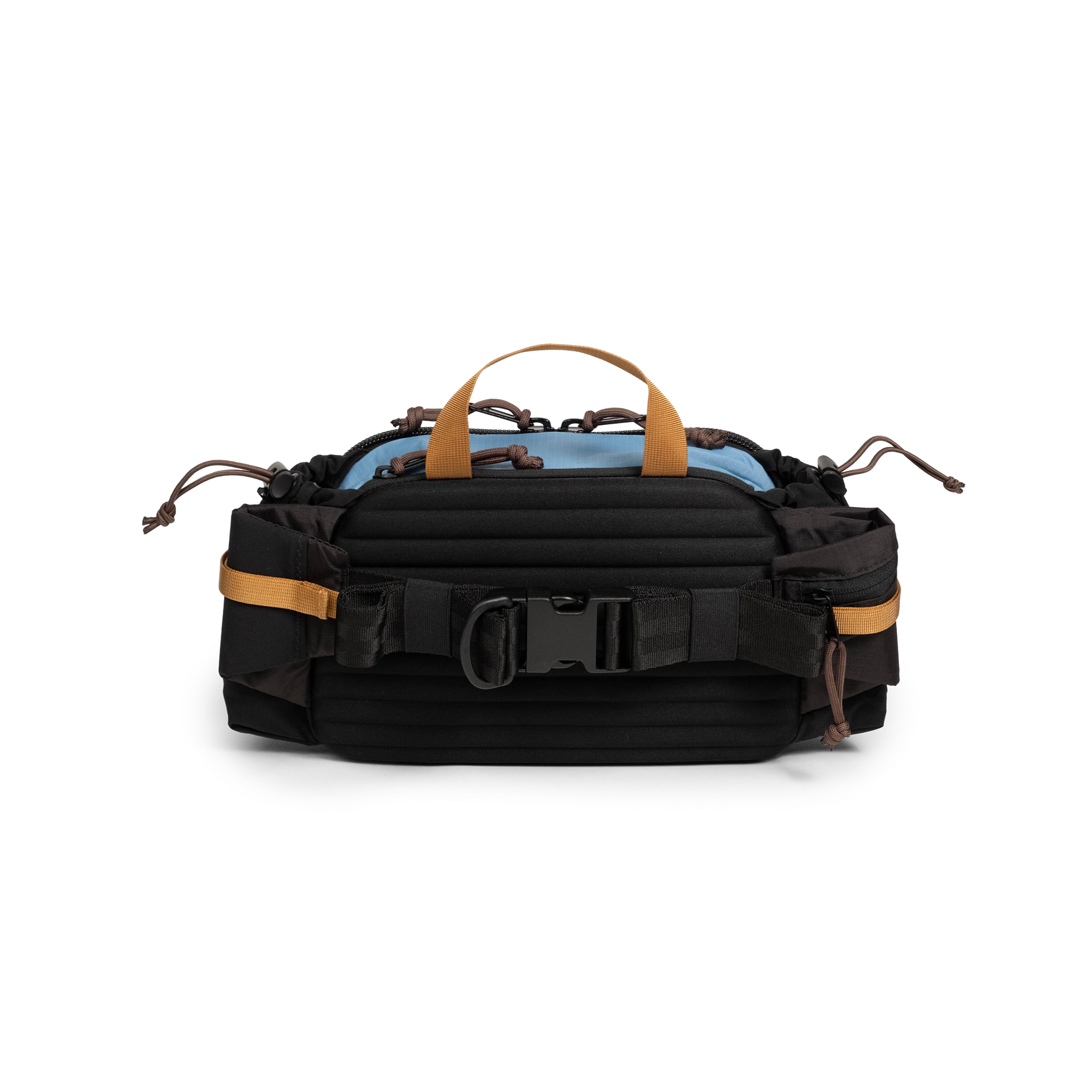 Back view of Topo Designs Mountain Hydro Hip Pack in "River Blue / Brown Oak"