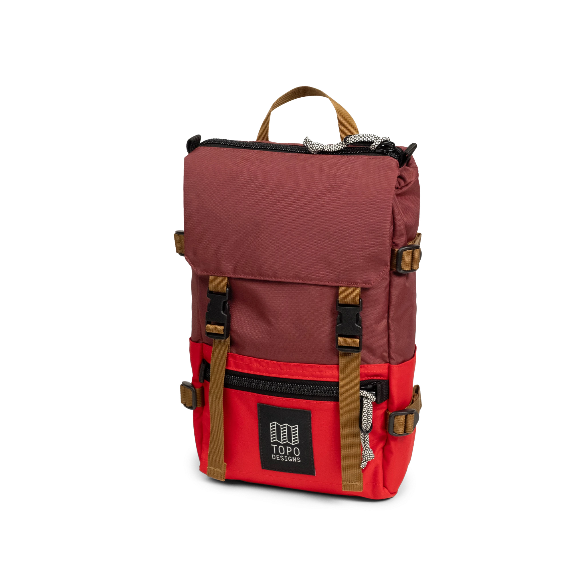 Front View of Topo Designs Rover Pack Mini in "Maroon / Salsa"