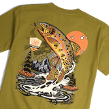 Back detail shot of Topo Designs x CCH x Pine Printshop Golden Trout Tee in "Moss"