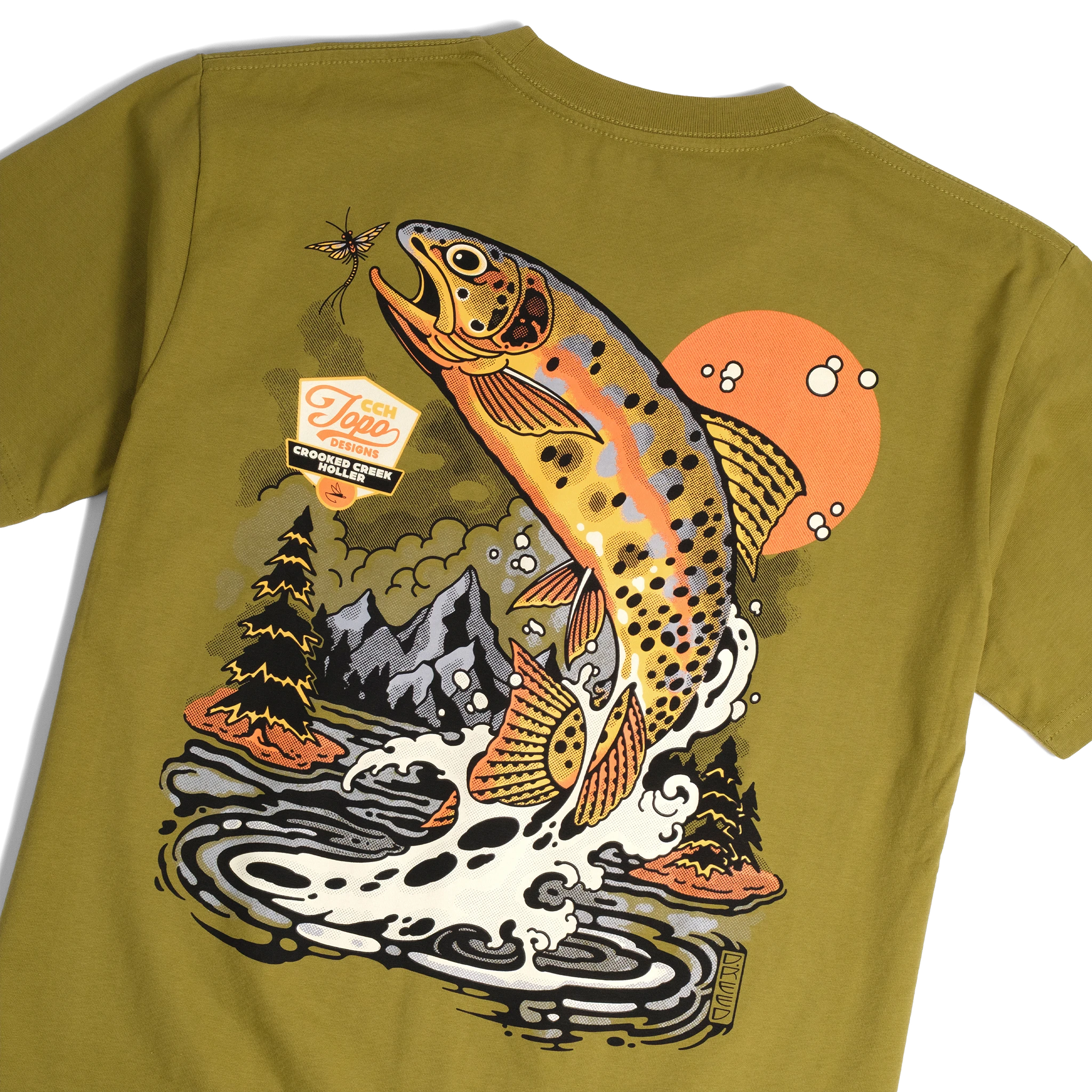 Back detail shot of Topo Designs x CCH x Pine Printshop Golden Trout Tee in "Moss"
