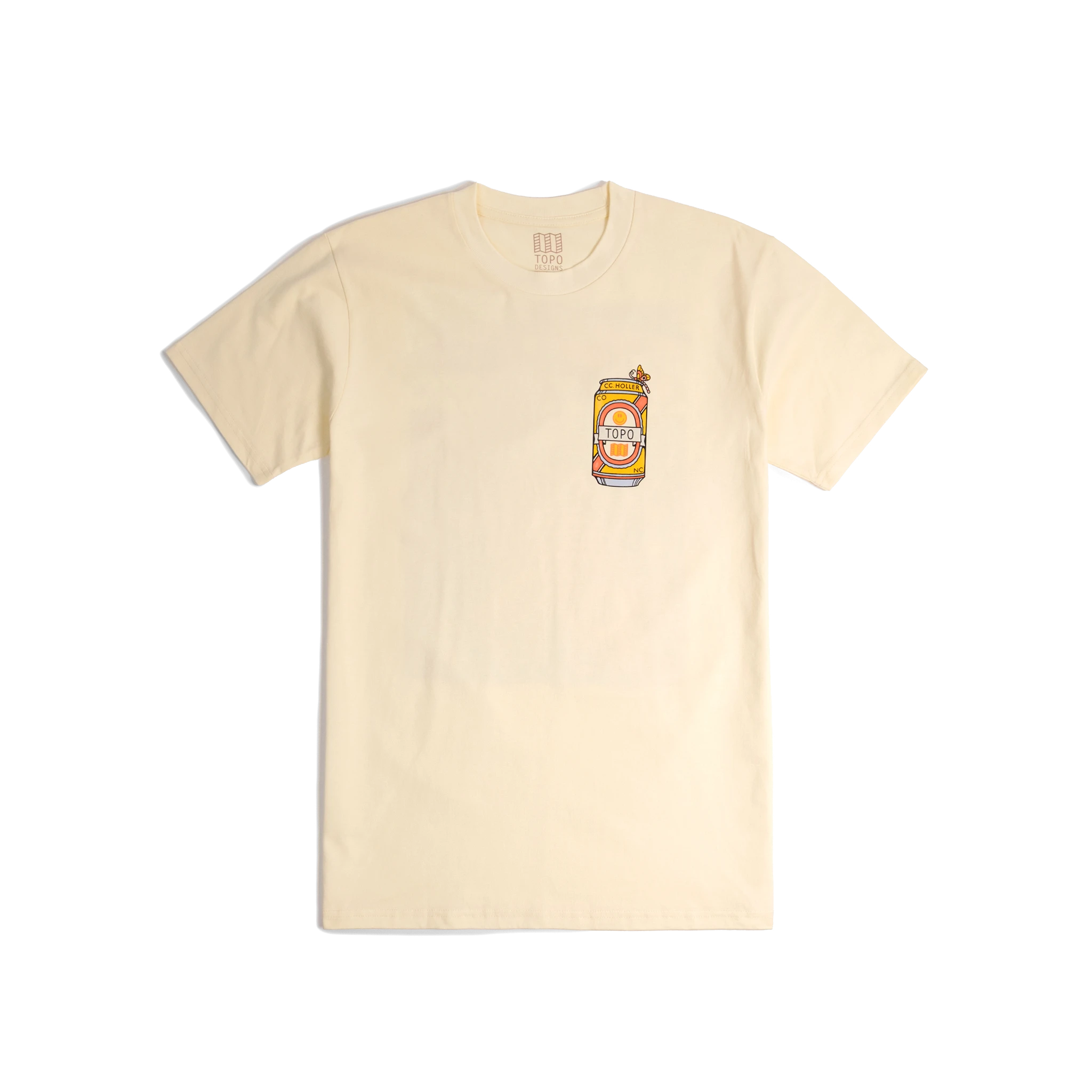 Front shot of Topo Designs x CCH x Pine Printshop Urban Angler Tee in "Butter"