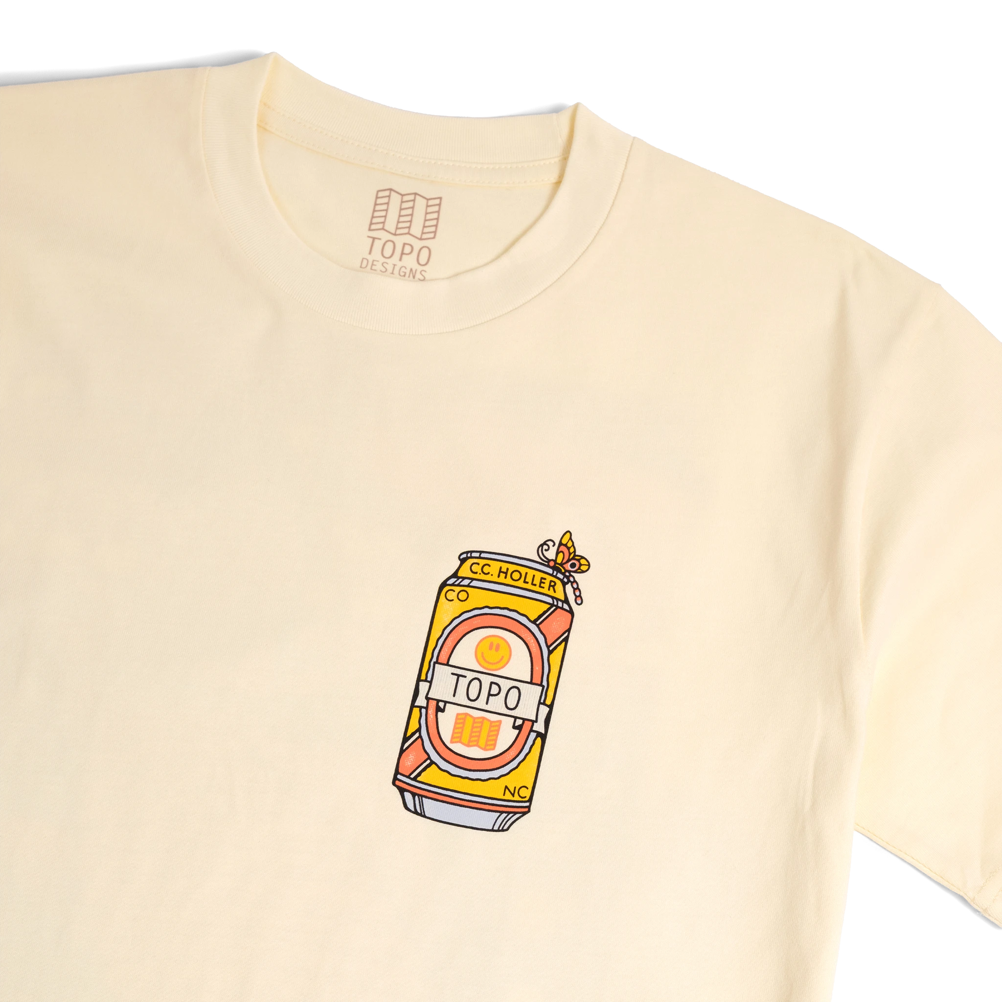 Front detail shot of Topo Designs x CCH x Pine Printshop Urban Angler Tee in "Butter"