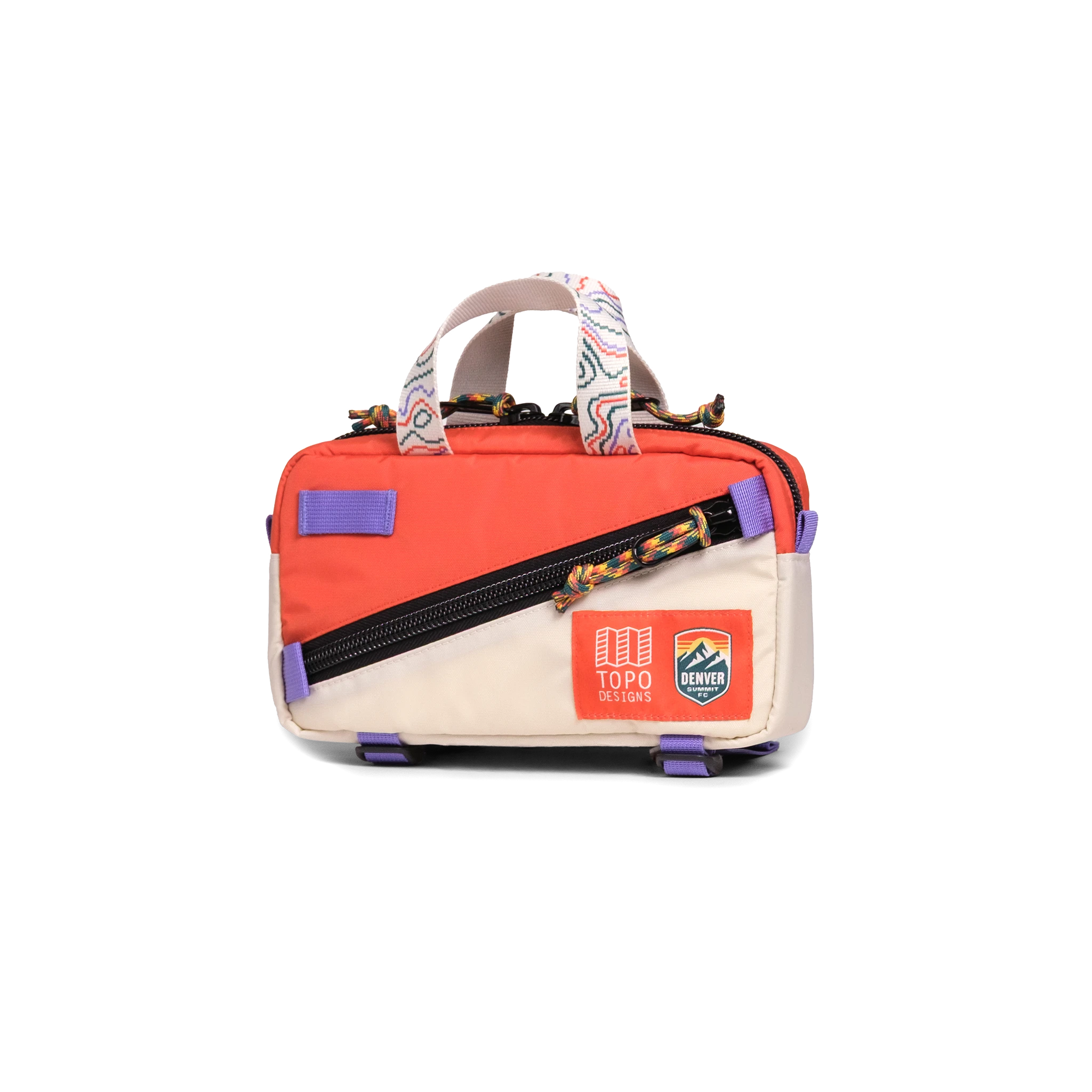 Front quarter shot of Topo Designs x Denver Summit Mini Quick Pack in "Sandstone / Bone White"