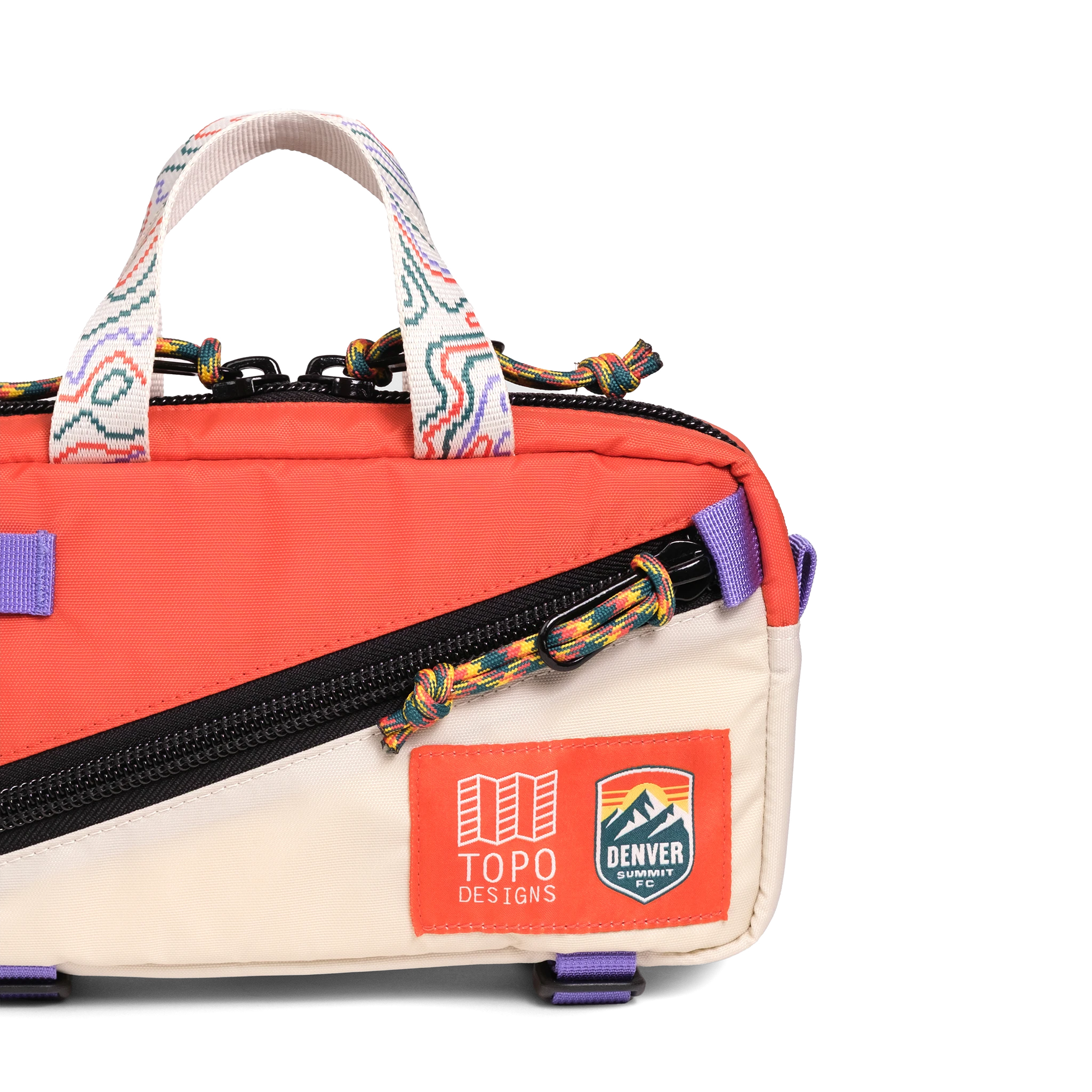 Front detail shot of Topo Designs x Denver Summit Mini Quick Pack in "Sandstone / Bone White"