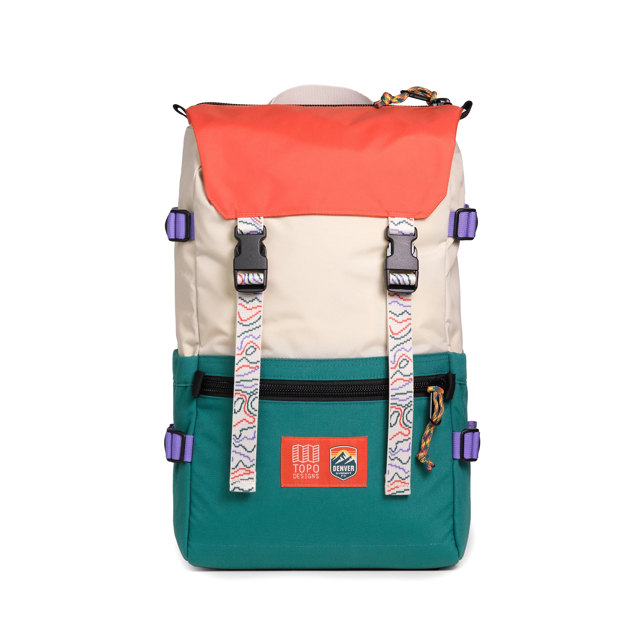 Front shot of Topo Designs x Denver Summit Rover Pack Classic in "Sandstone / Bone White"