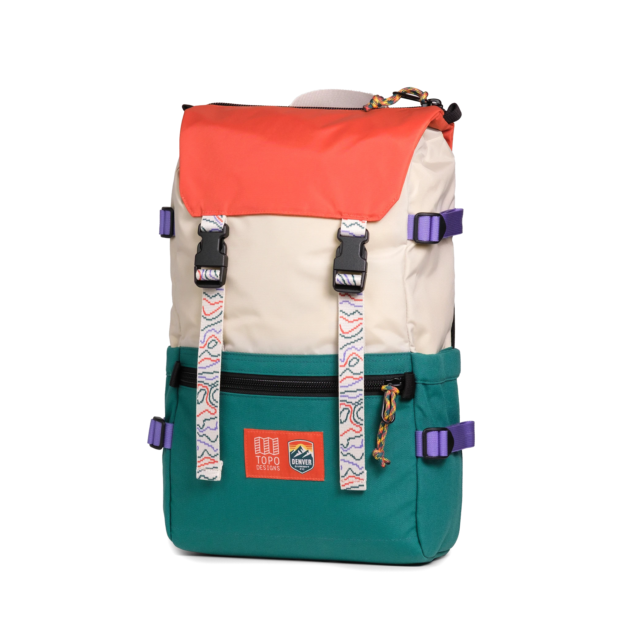 Front quarter shot of Topo Designs x Denver Summit Rover Pack Classic "Sandstone / Bone White"