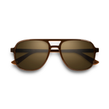 General front view of VALLON X Topo Designs sunglasses in "Brown / Brown" with sunglass arms closed.
