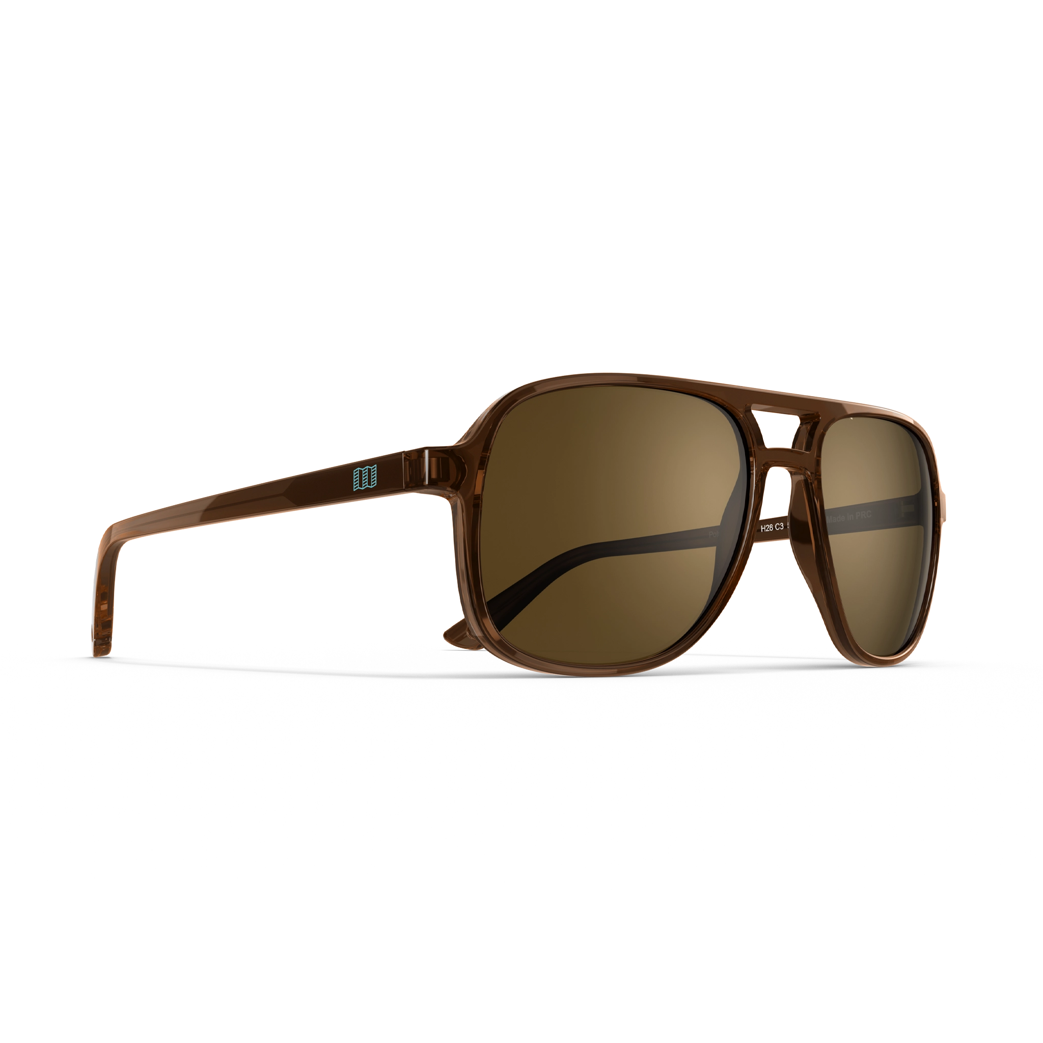 General alternate angled view of VALLON X Topo Designs sunglasses in "Brown / Brown" with sunglass arms open.