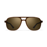General front view of VALLON X Topo Designs sunglasses in "Brown / Brown" with sunglass arms open.