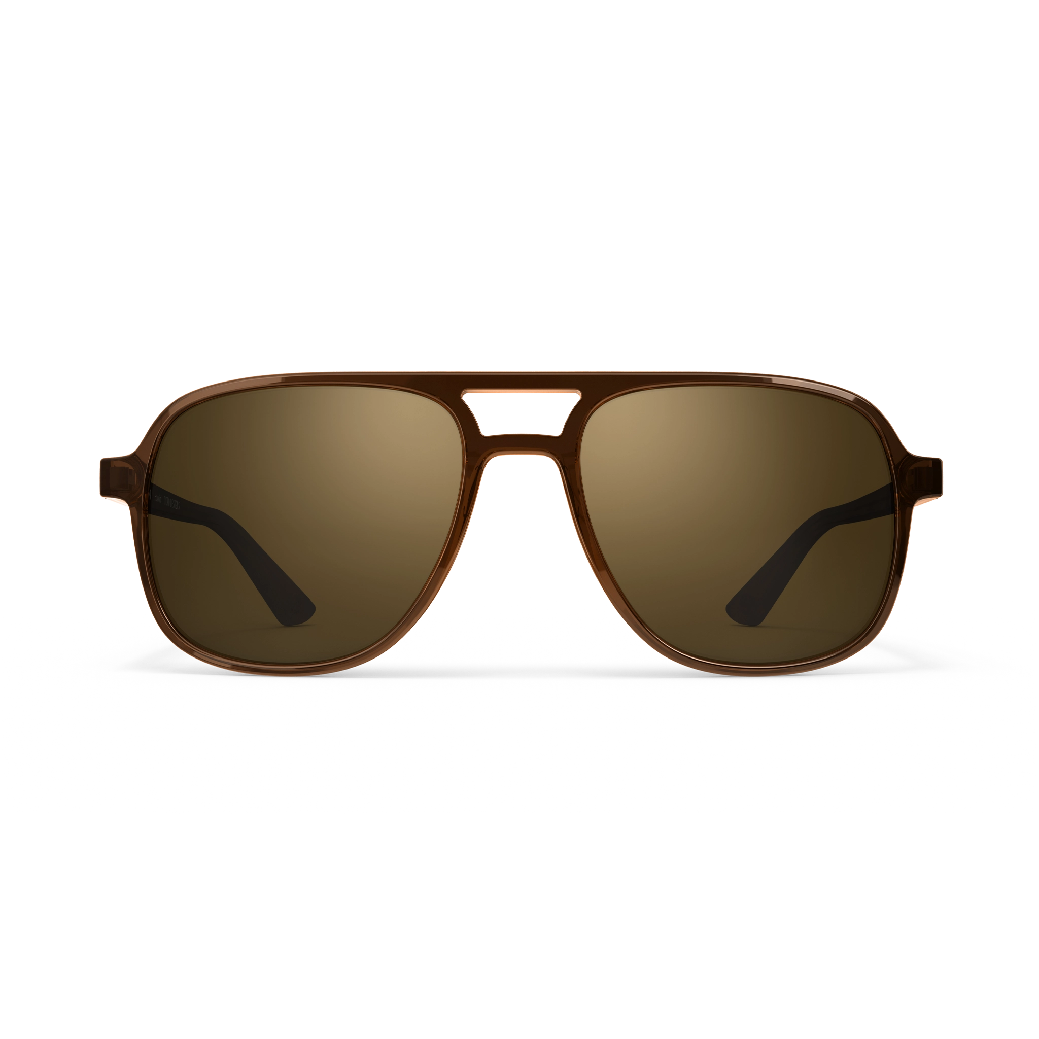 General front view of VALLON X Topo Designs sunglasses in "Brown / Brown" with sunglass arms open.