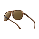 General alternate angled view of VALLON X Topo Designs sunglasses in "Brown / Brown" with sunglass arms open.