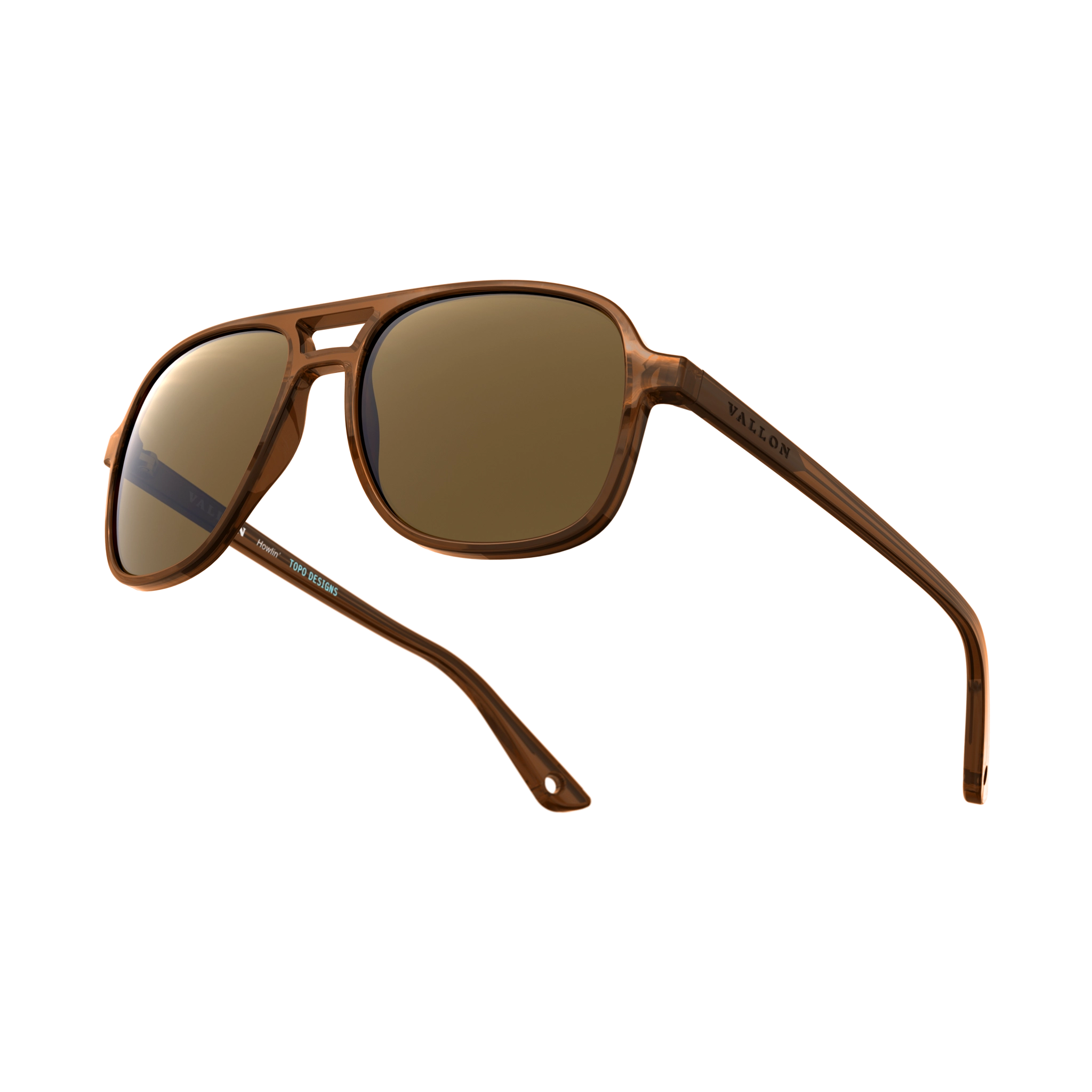 General alternate angled view of VALLON X Topo Designs sunglasses in "Brown / Brown" with sunglass arms open.