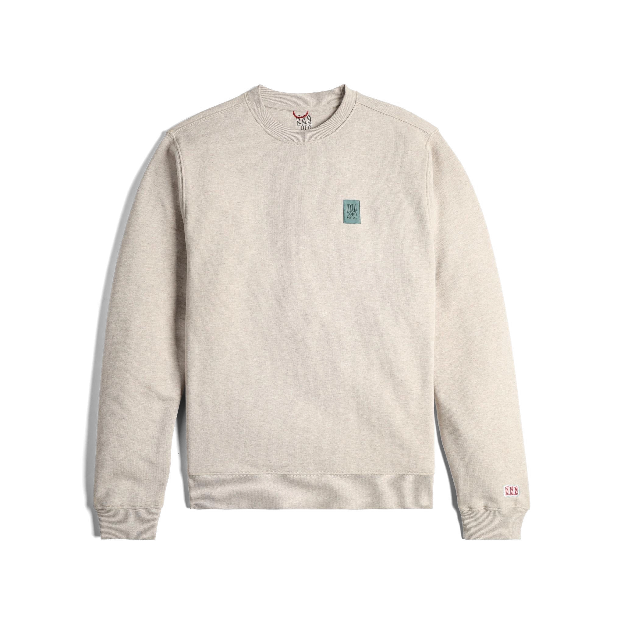 Front View of Topo Designs Label Sweatshirt - Unisex in "Oatmeal Heather"