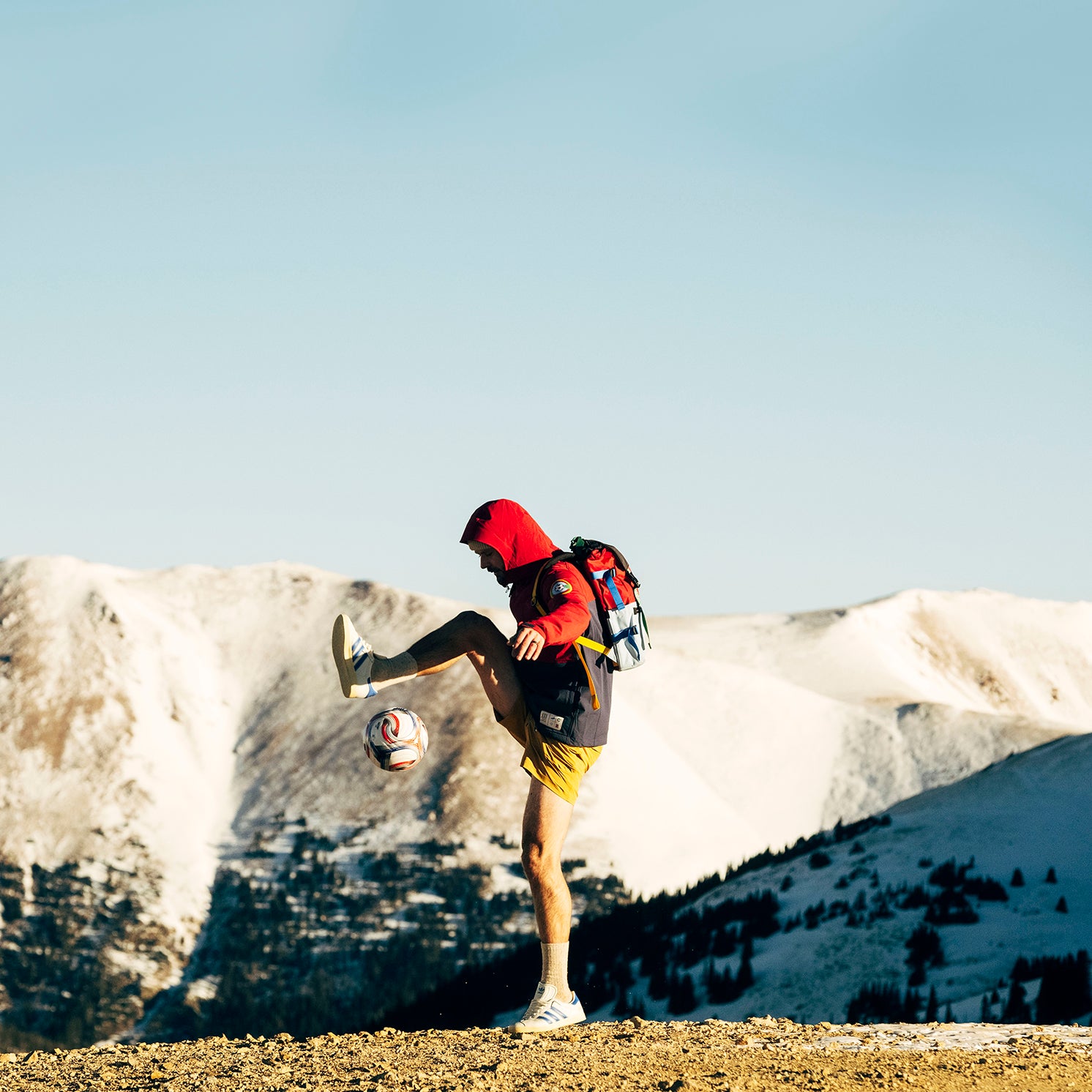 General lifestyle shot of Topo Designs x Colorado Rapids HighPeak Jacket