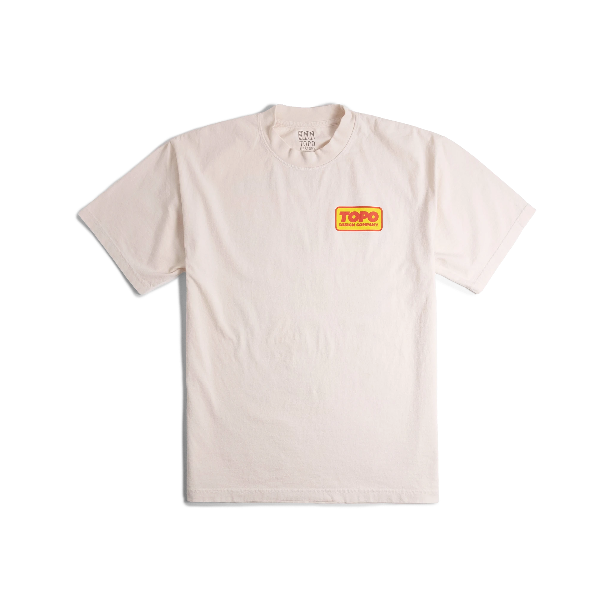 Front flat lay image of Topo Designs x Pine Printshop Catalog Tee in "Creme"