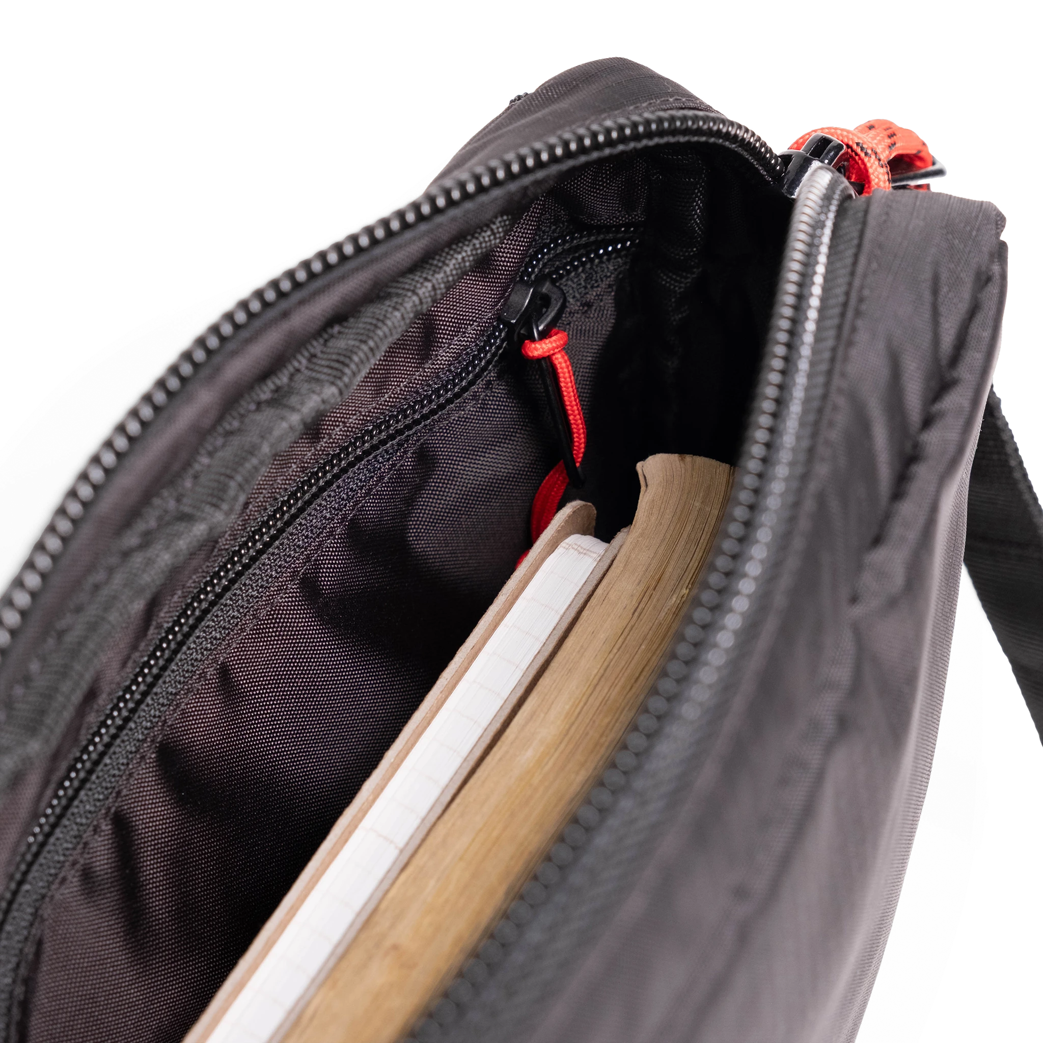 General interior view of Topo Designs Block Bag in "Black / White Grid"