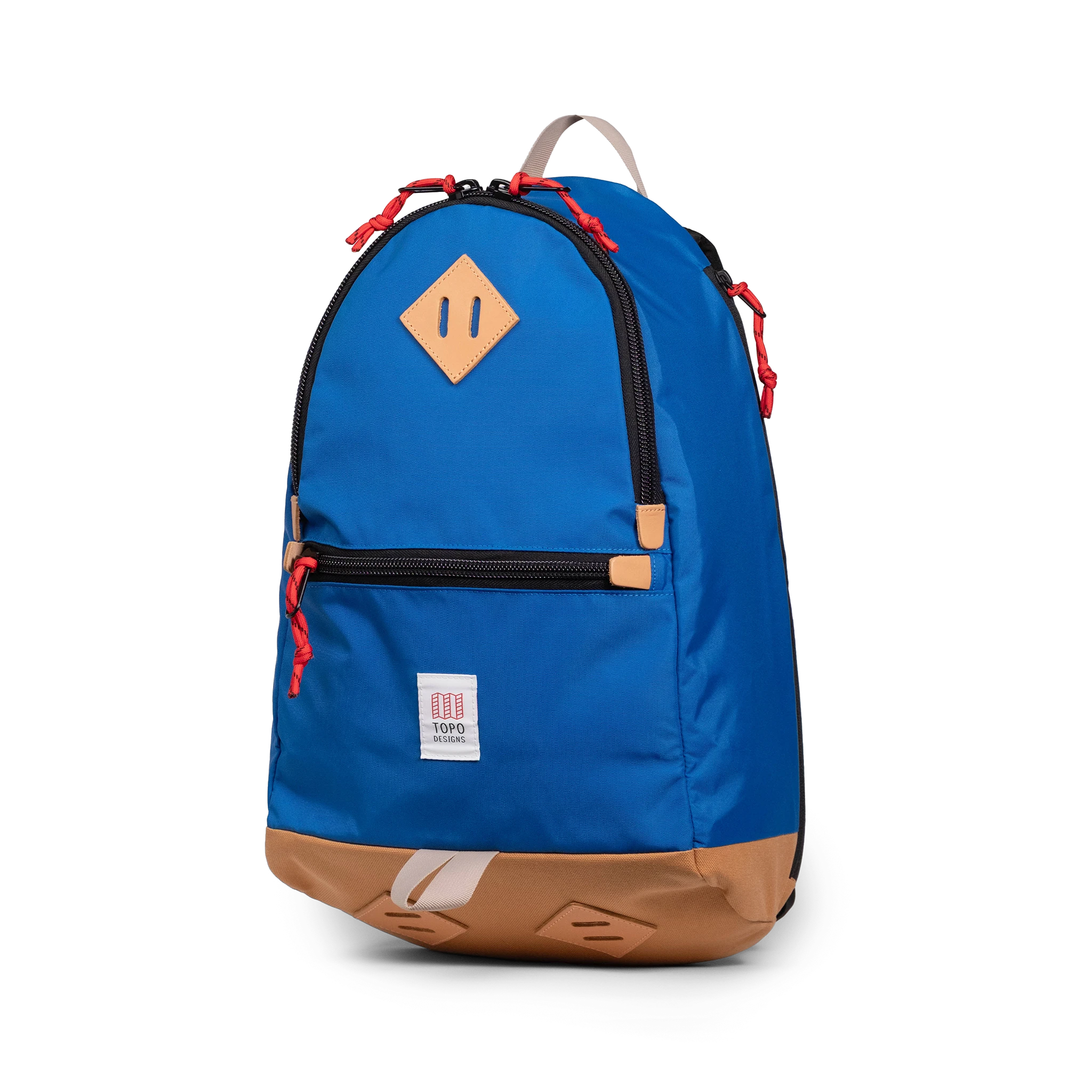 Quarter view of Topo Designs Classic Teardrop Backpack in "Classic Blue"