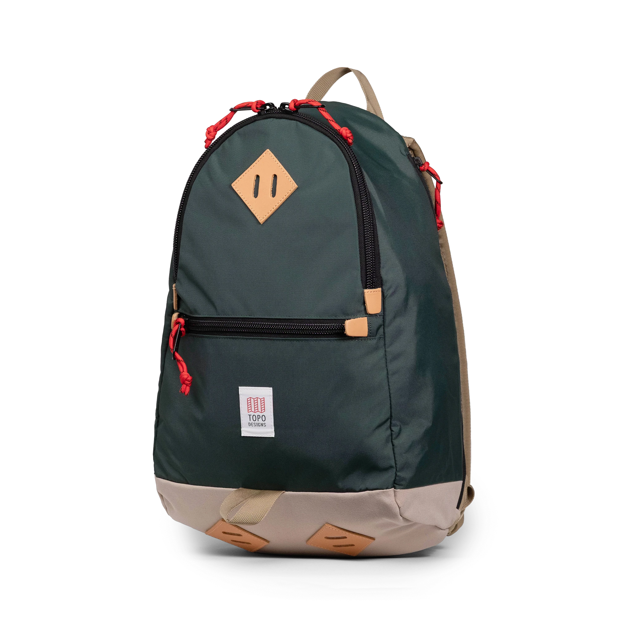 Quarter view of Topo Designs Classic Teardrop Backpack in "Forest"