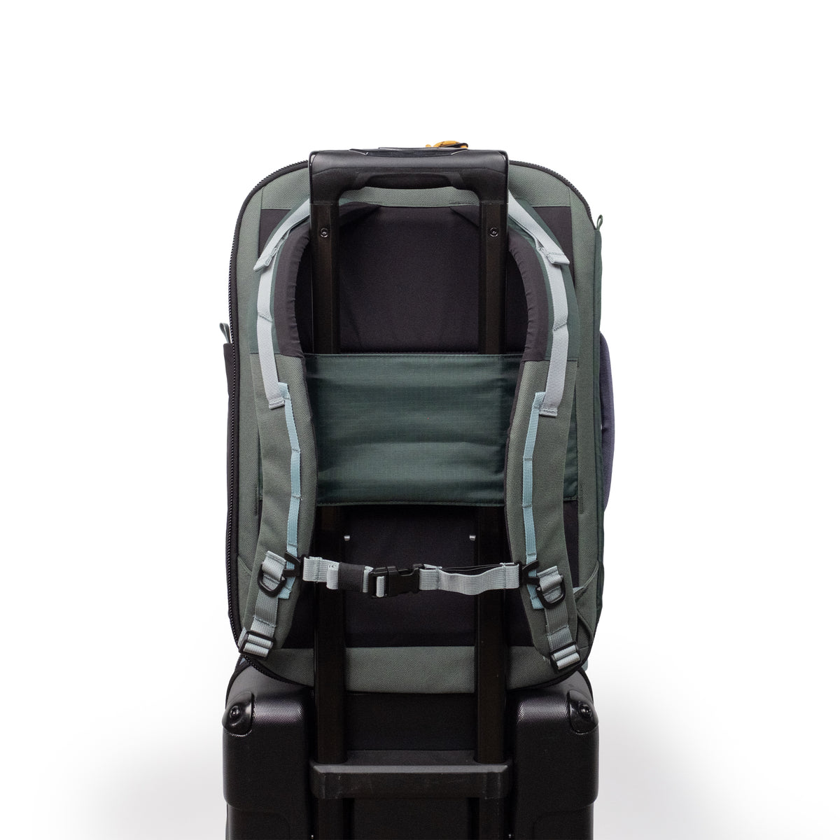 General Detail shot of Topo Designs Global Travel Backpack in "Stone Blue / Forest"