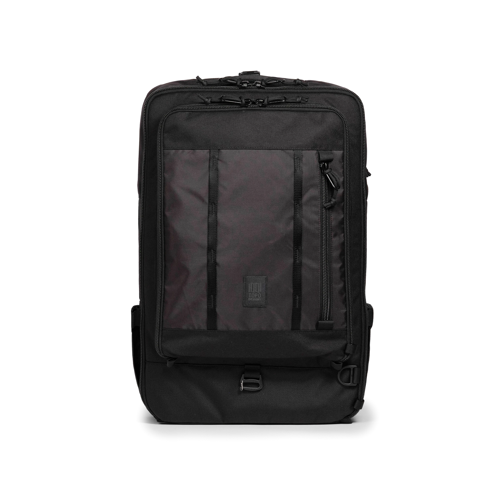 Front view of Topo Designs Global Travel Bag 40L in "Black / Black"