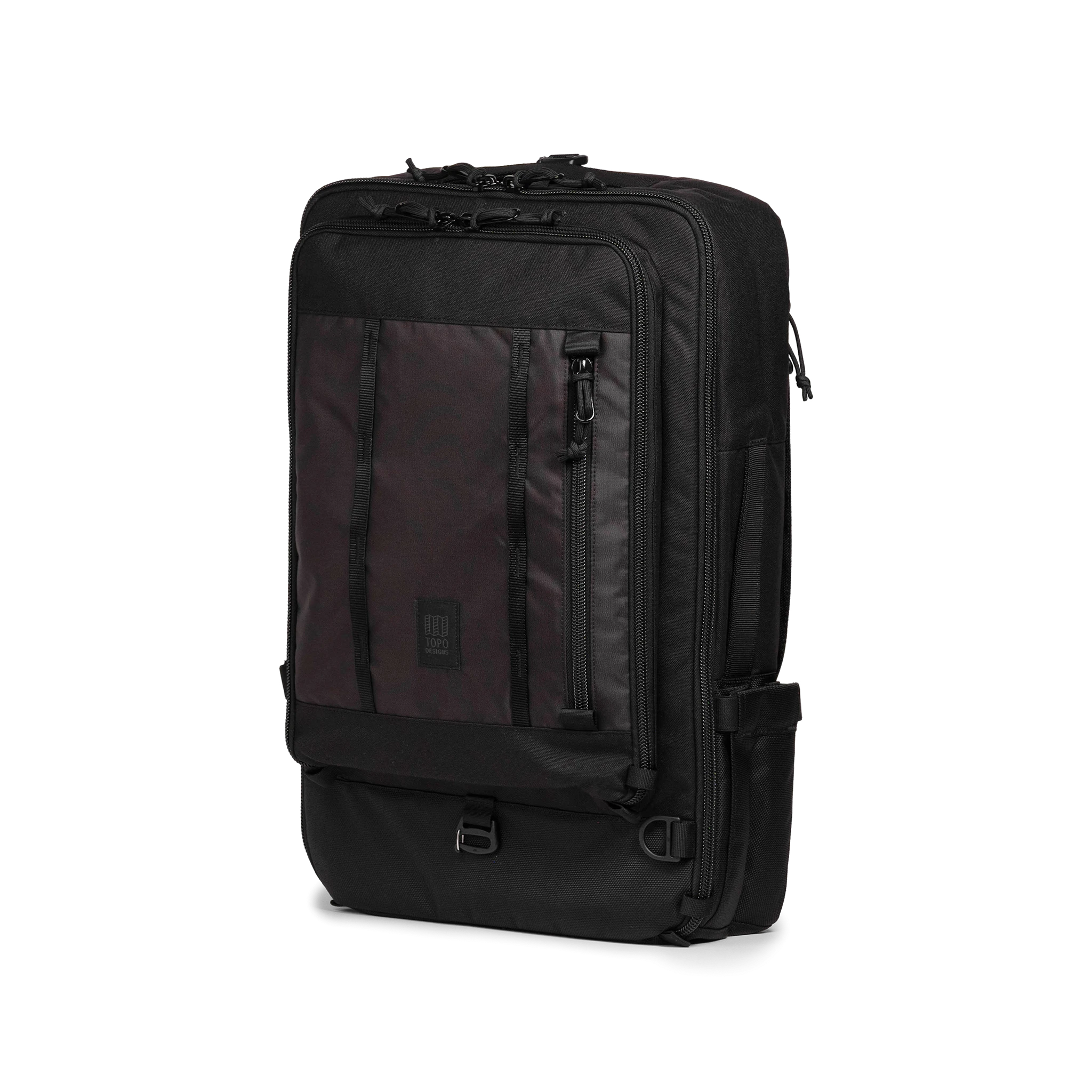 Front quarter view of Topo Designs Global Travel Bag 40L in "Black / Black"