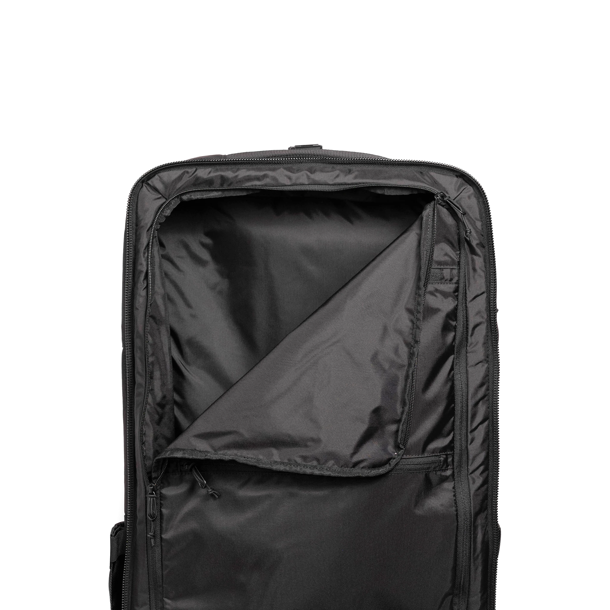 General interior shot of Topo Designs Global Travel Bag 40L in "Black / Black"