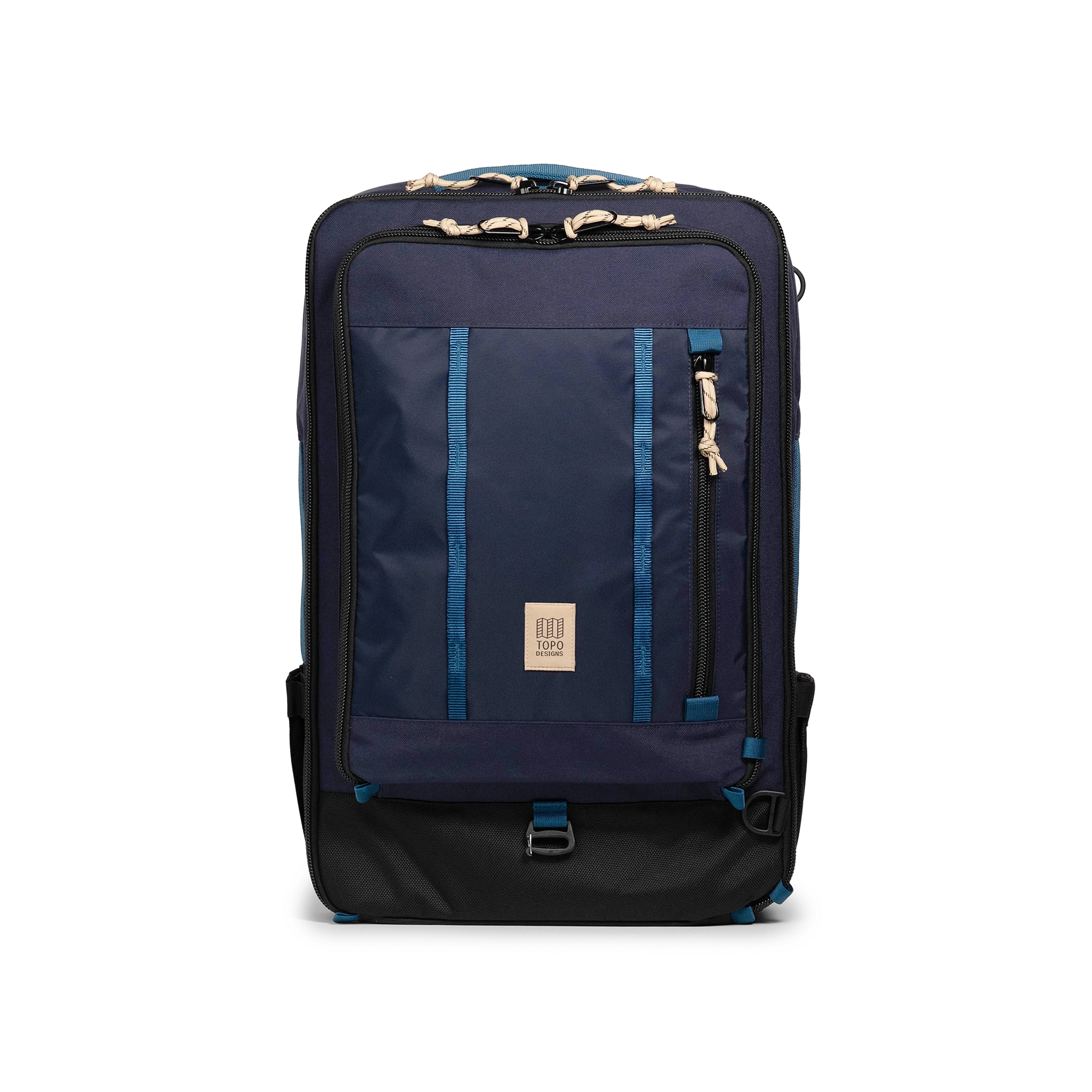 Front view of Topo Designs Global Travel Bag 40L in "Navy / Sahara"