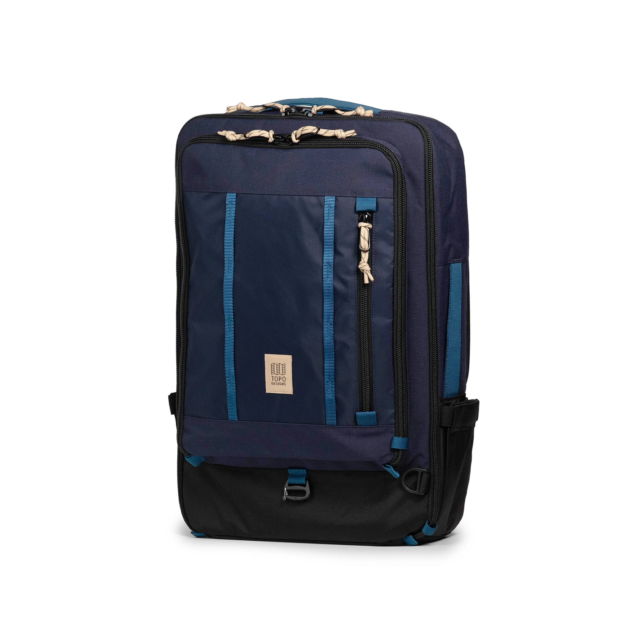 Front quarter view of Topo Designs Global Travel Bag 40L in "Navy / Sahara"