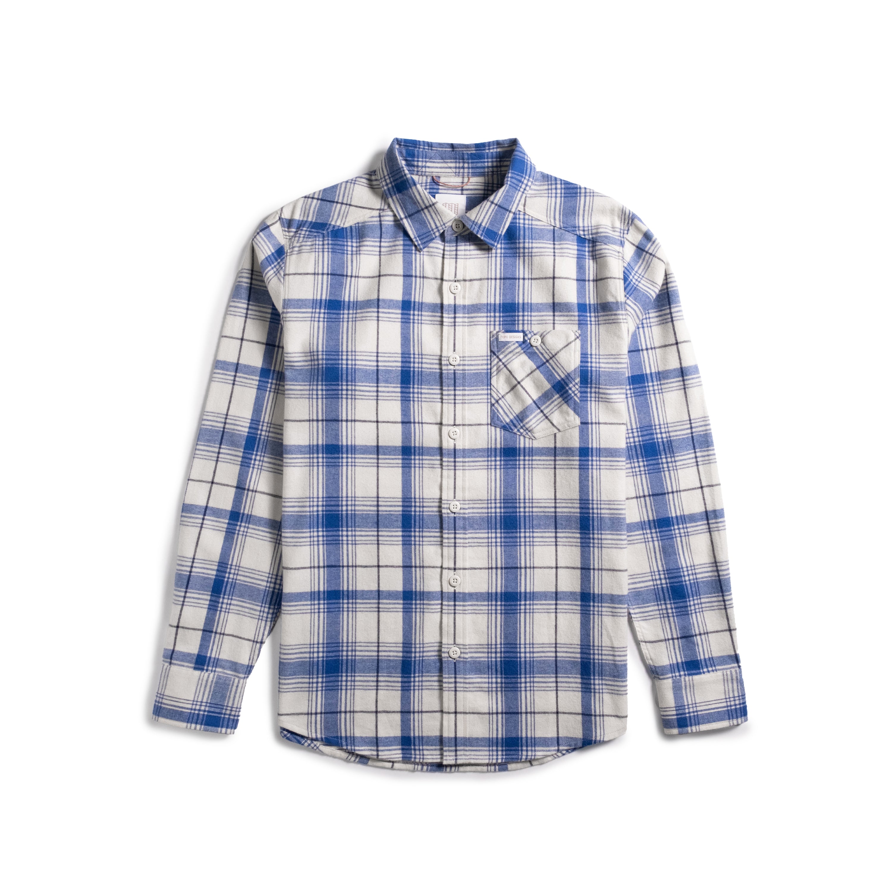 Front shot of Topo Designs Mountain Shirt Lightweight - Men's in "French Blue / Bone White Multi"
