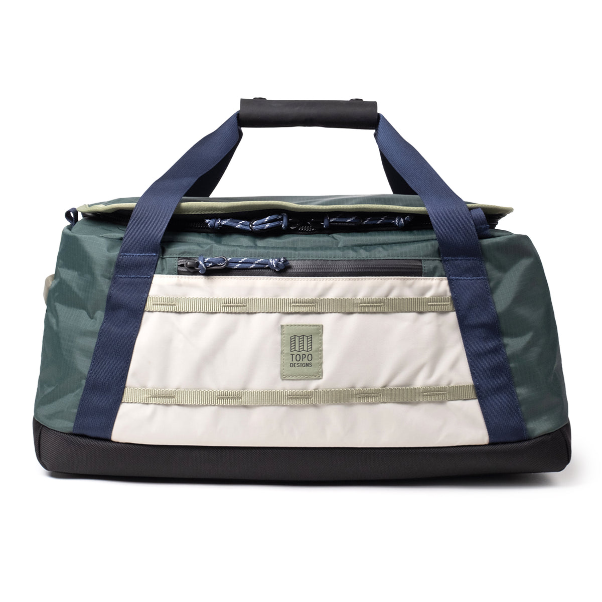 Front View of Topo Designs Mountain Duffel 40L in "Forest / Bone White"