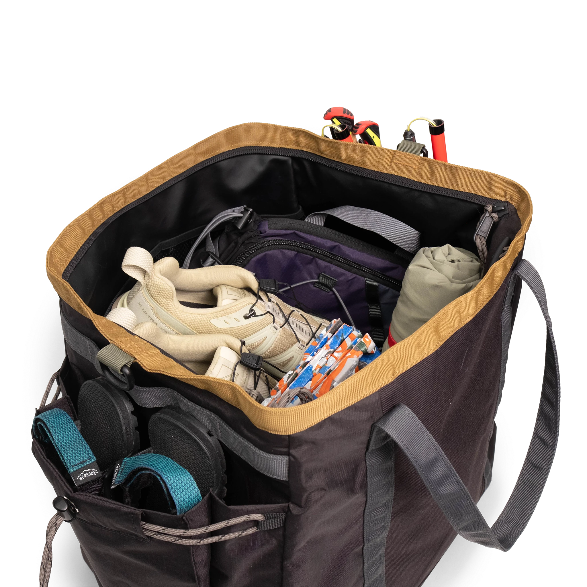 General Detail shot of Topo Designs Mountain Gear Bag packed out in "Black / Neutral".