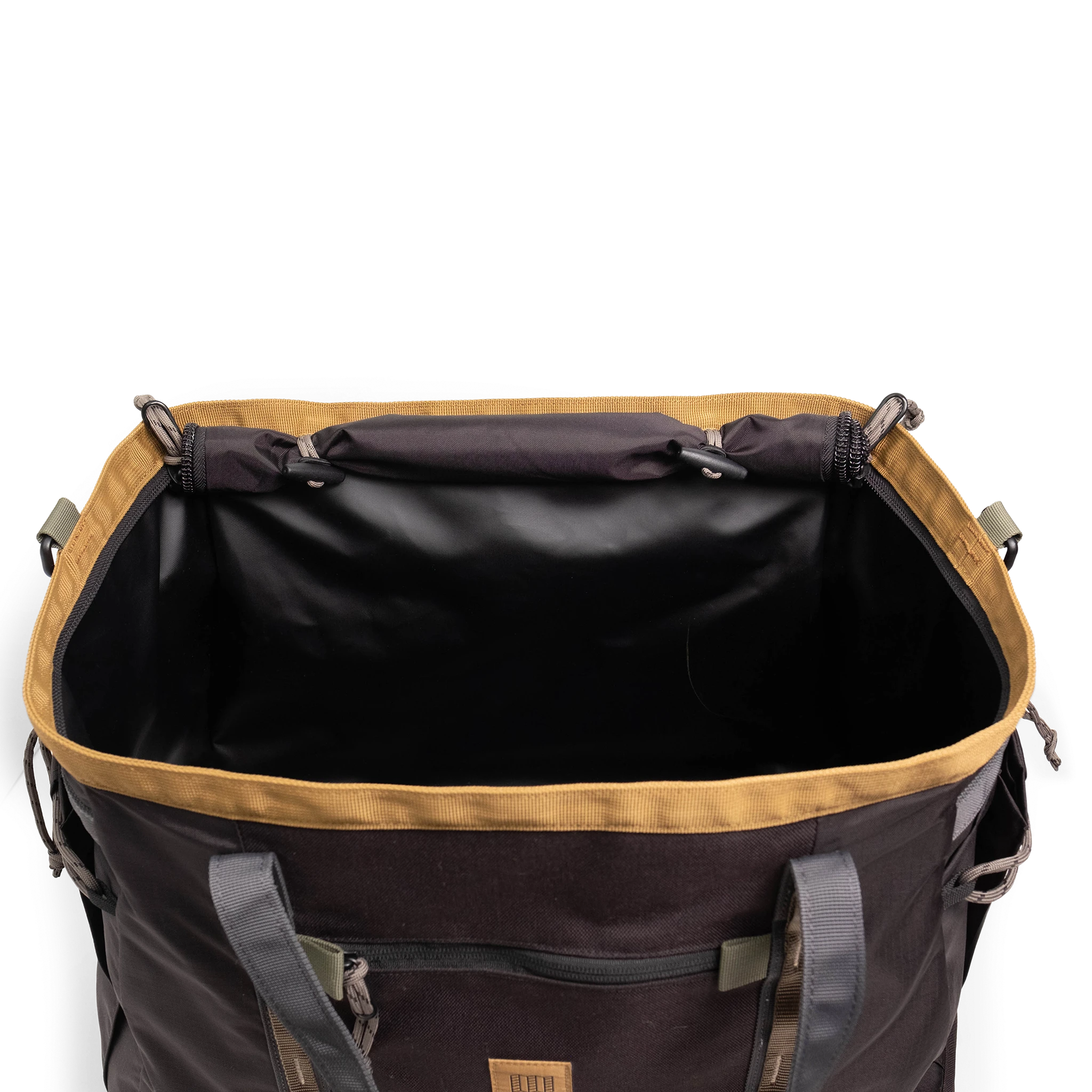 General Detail shot of Topo Designs Mountain Gear Bag opening in "Black / Neutral".
