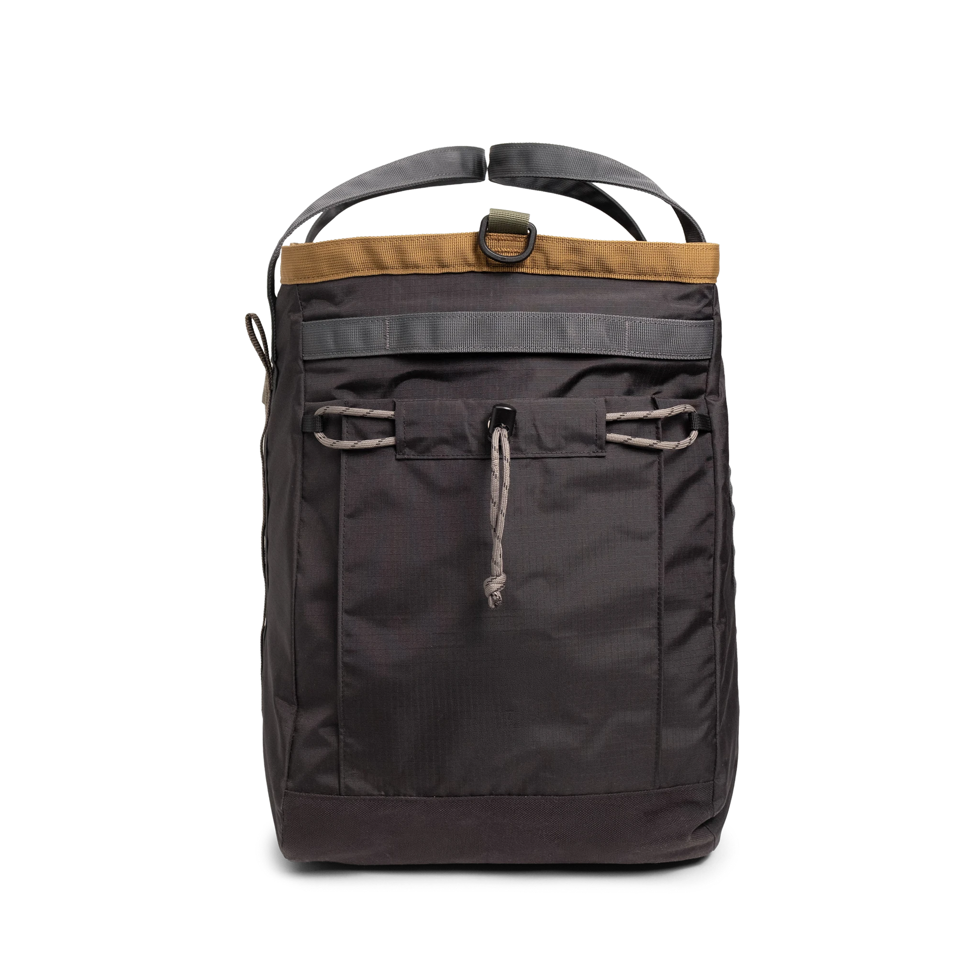 General detail shot of Topo Designs Mountain Gear Bag in "Black / Neutral" showing side pocket view.
